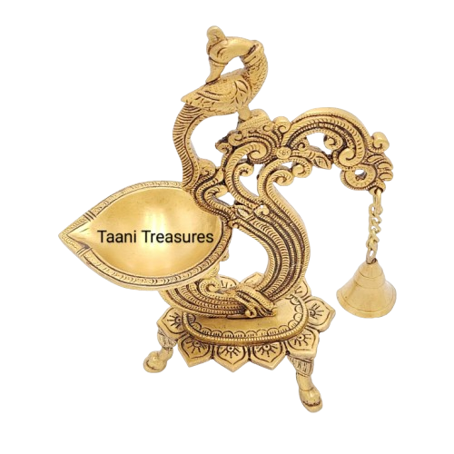 12" Brass Parrot Design Oil Diya Lamp With Bell - Set of 2