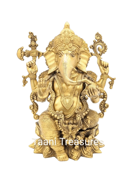 15" Brass Ganesh on Lotus in Gold Antique Finish Brass Statue