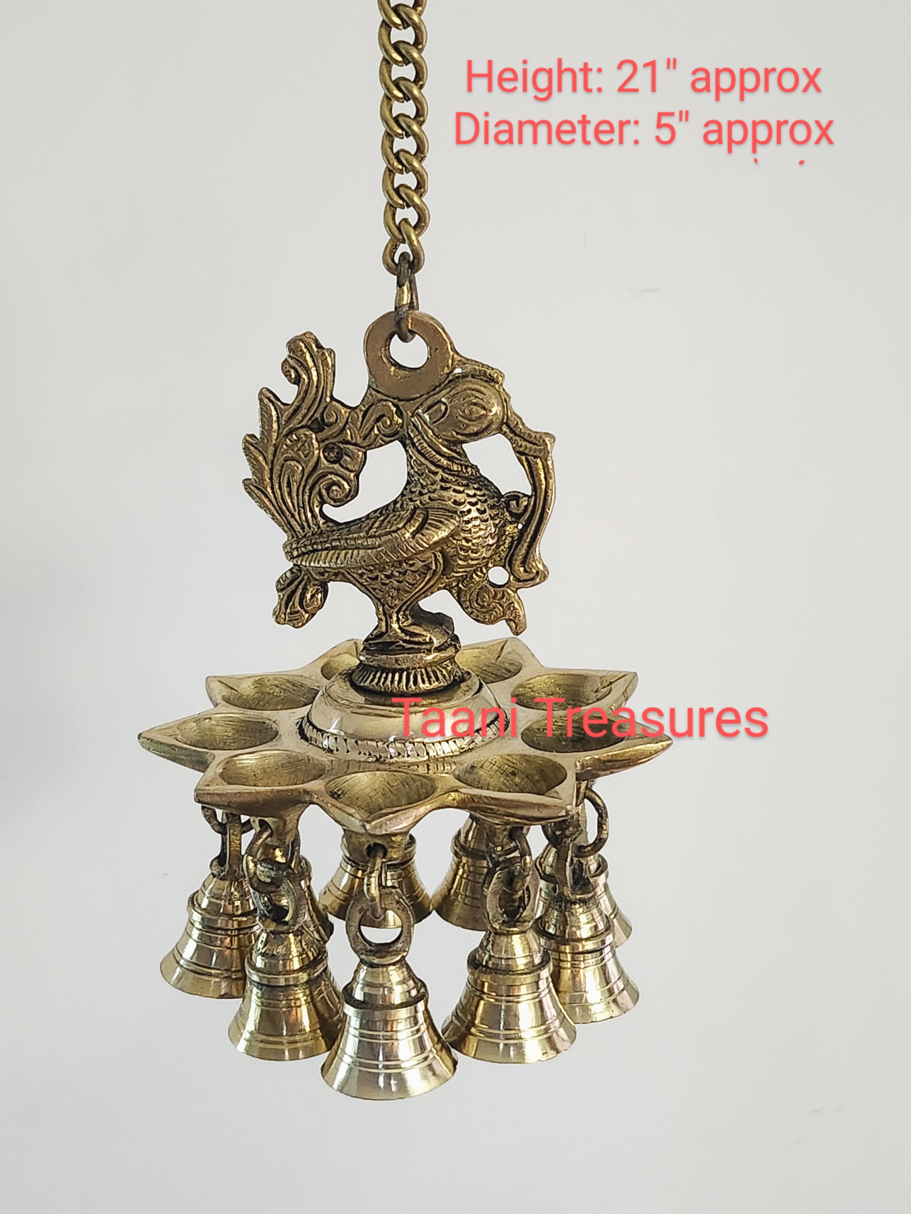 21" Brass Hanging Peacock Design Lamp with Bells