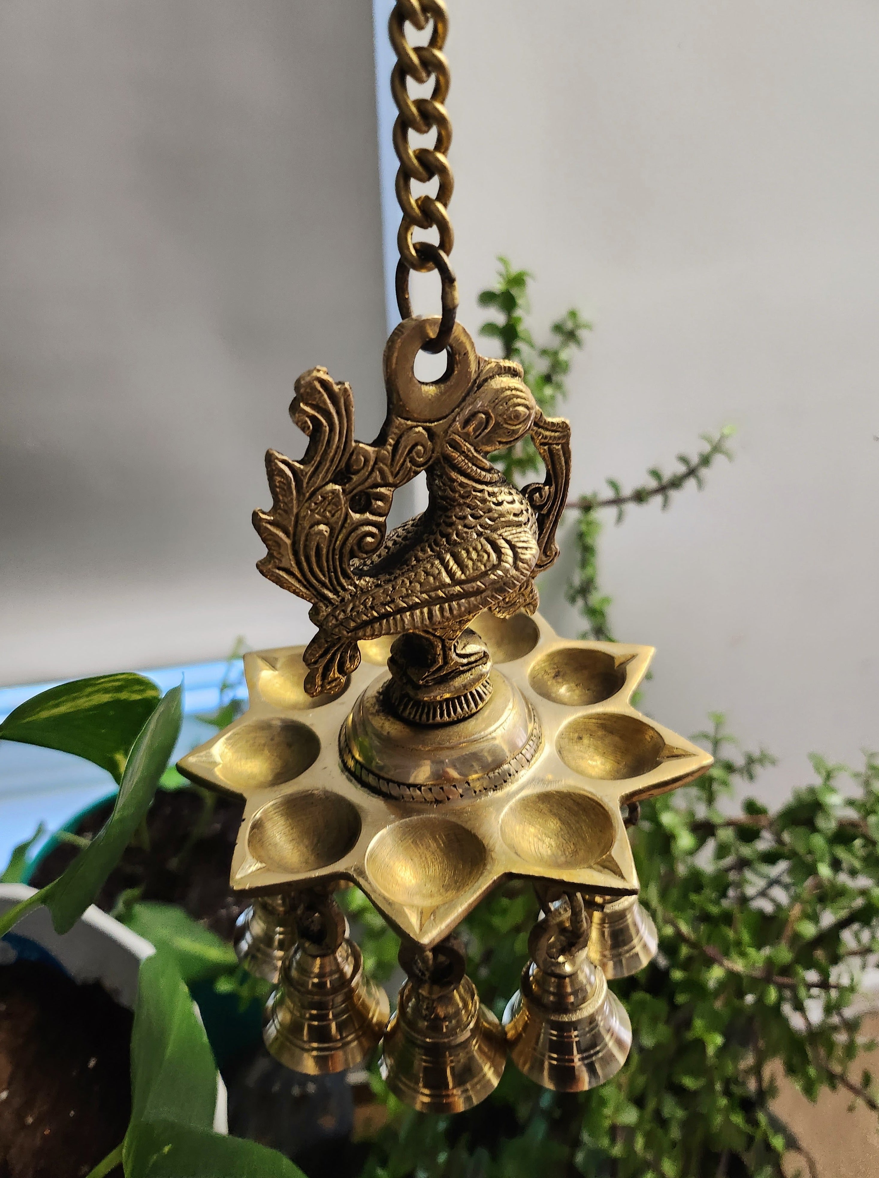 21" Brass Hanging Peacock Design Lamp with Bells