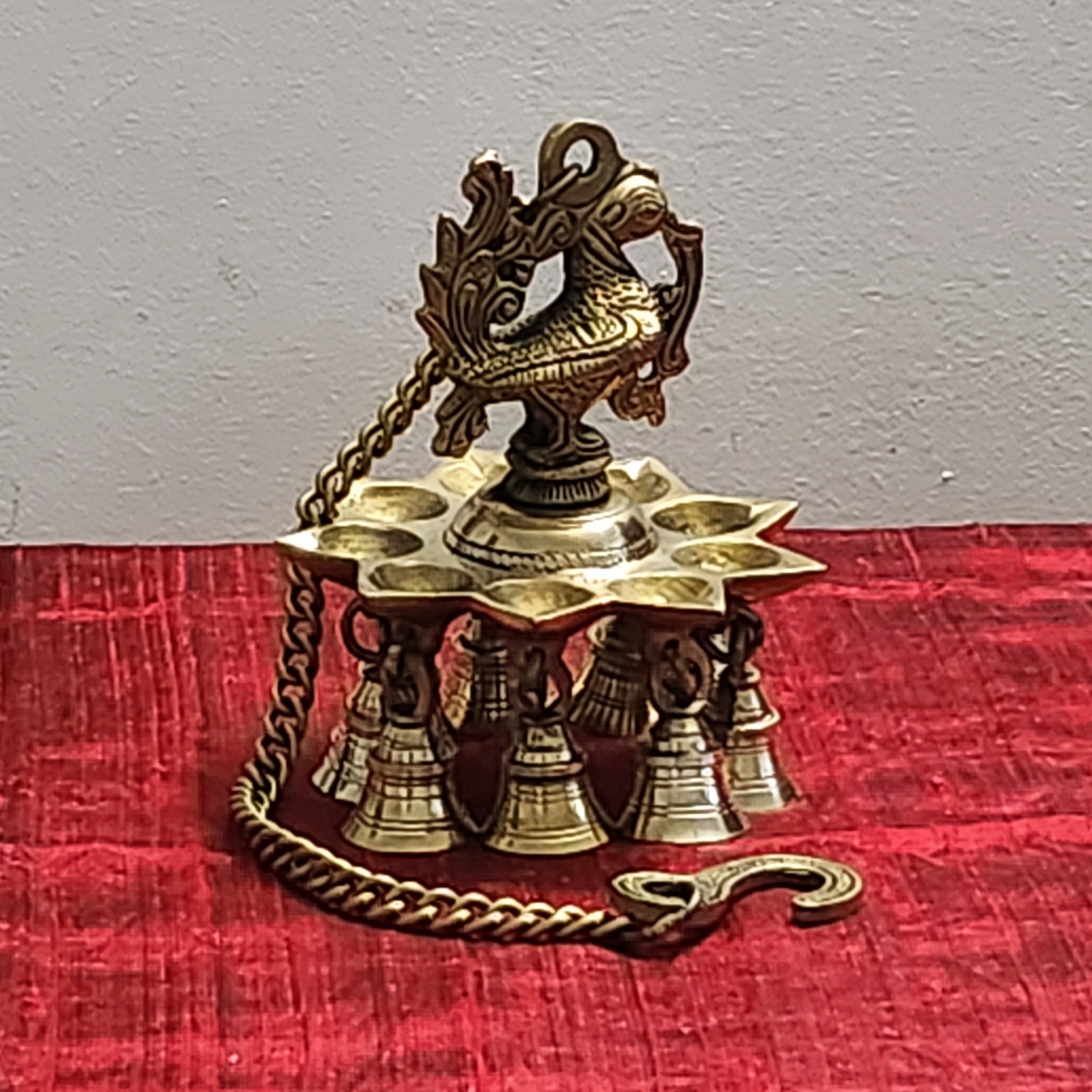 21" Brass Hanging Peacock Design Lamp with Bells