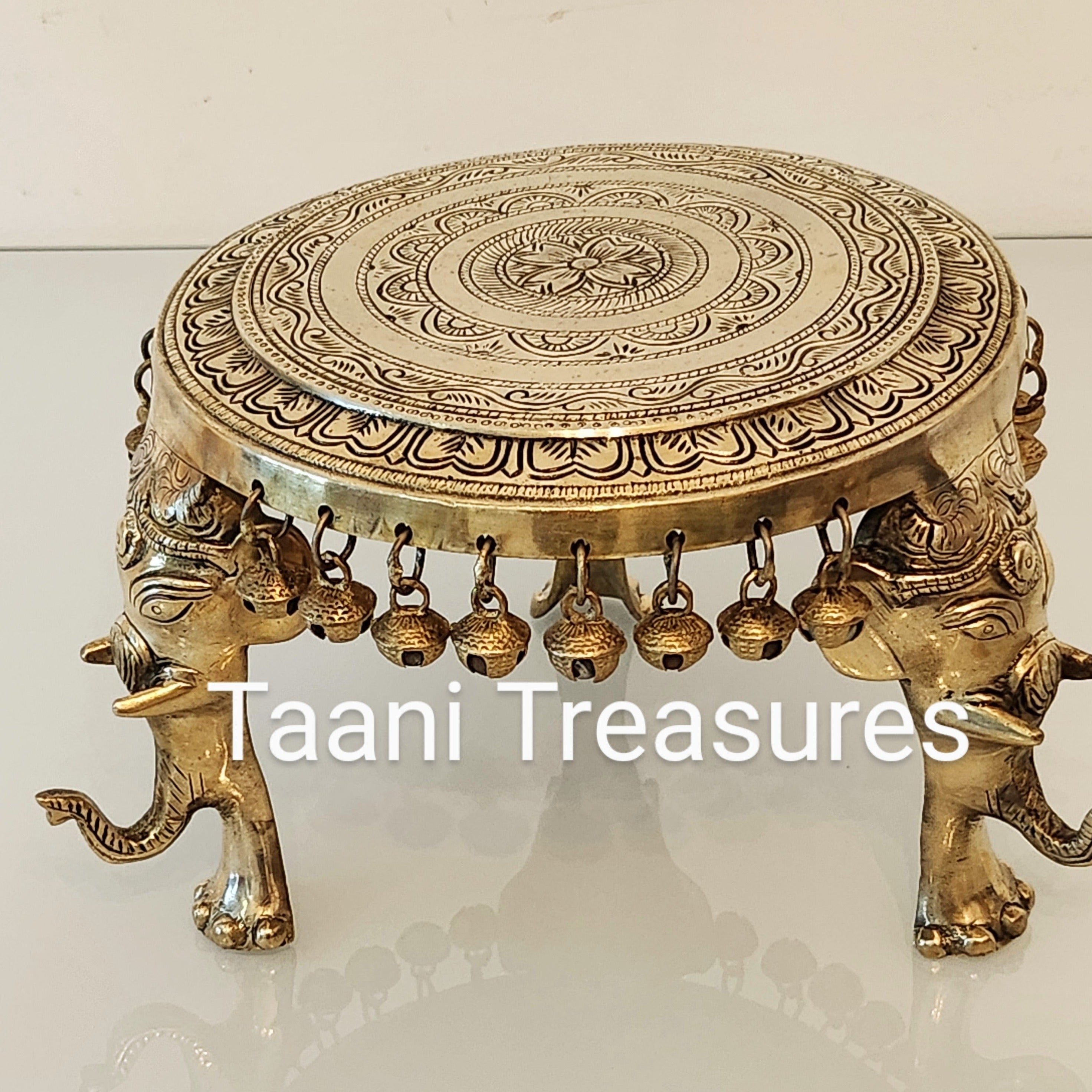 6.5" Brass Round Chowki with Elephant-head Legs and Bells