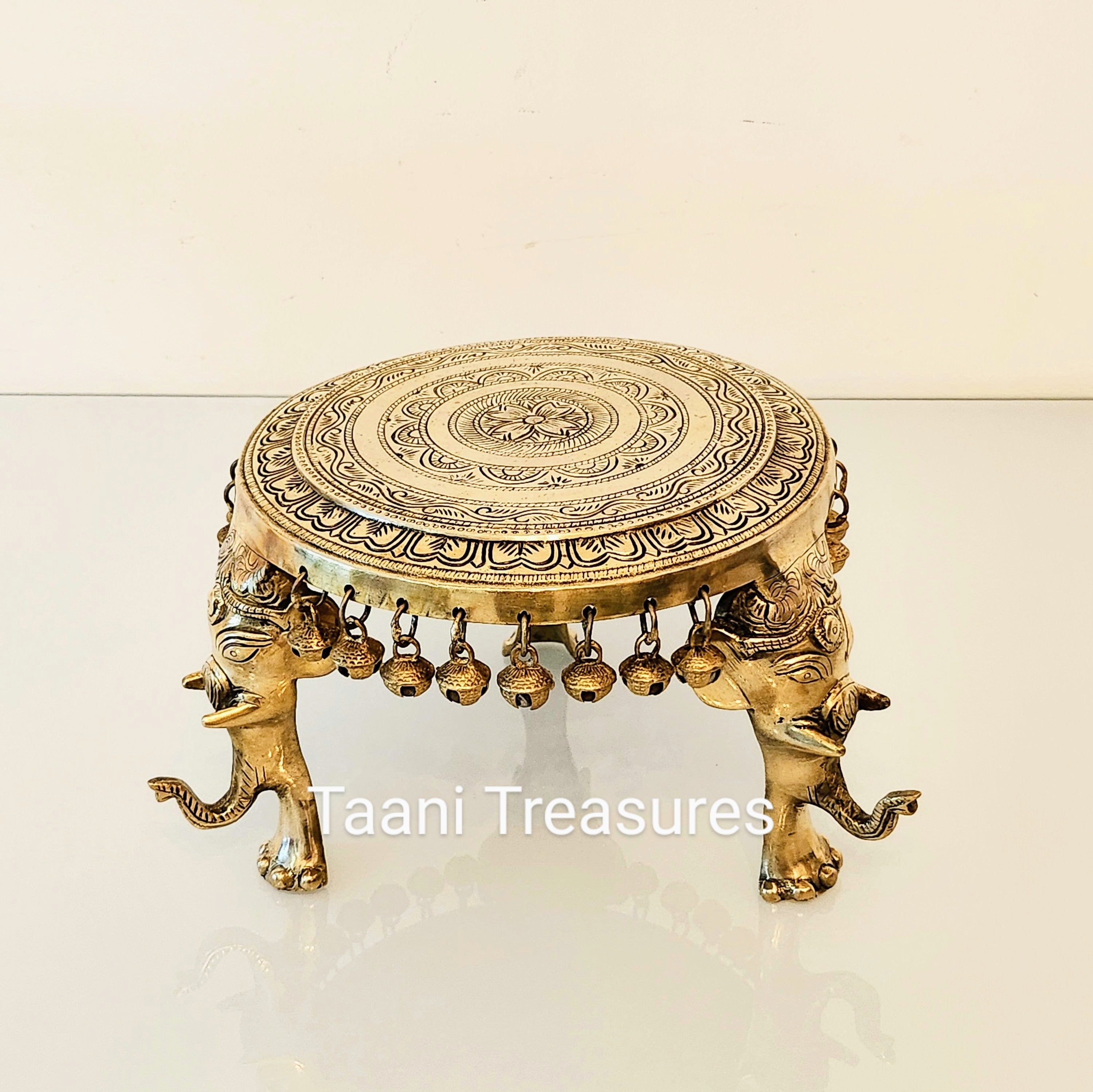 6.5" Brass Round Chowki with Elephant-head Legs and Bells