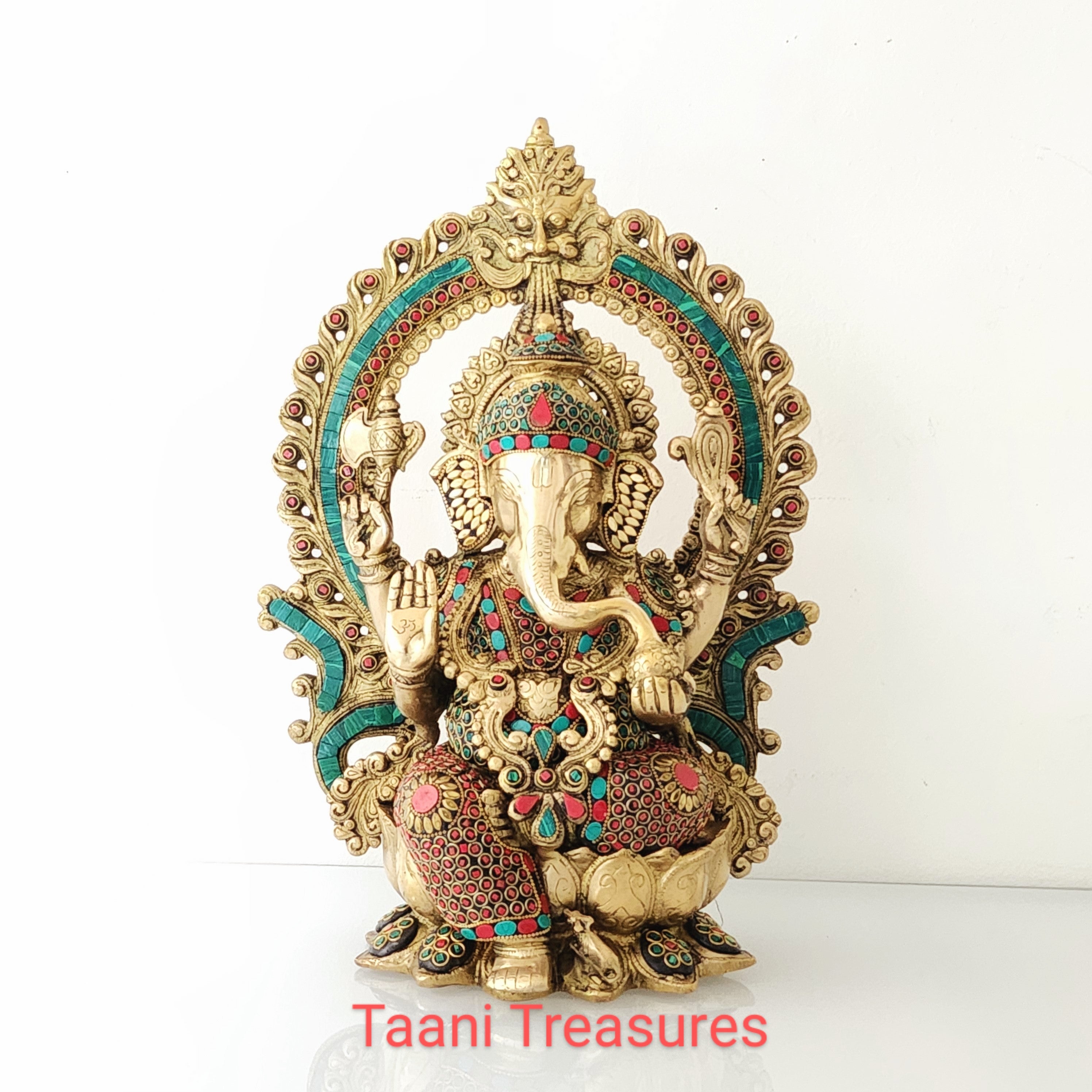 16" Brass Sri Ganesh Idol with beautiful Stonework and Pair of 8" Parrot Diyas (Set of 3)