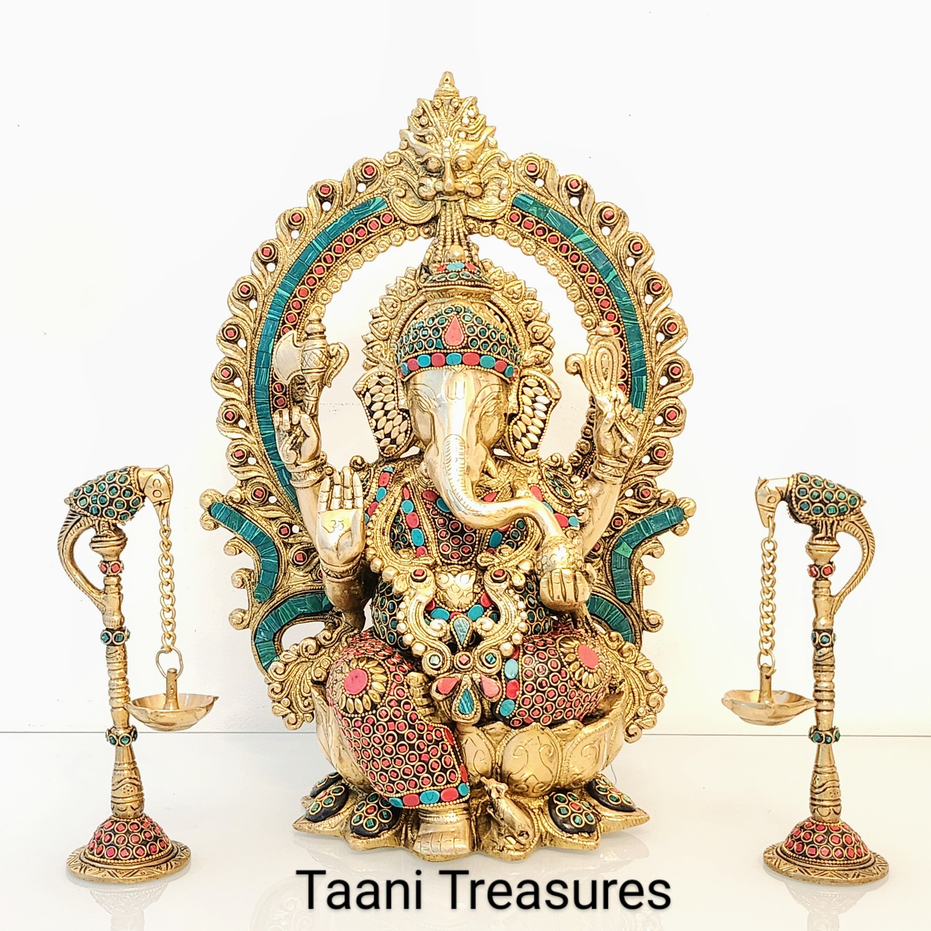 16" Brass Sri Ganesh Idol with beautiful Stonework and Pair of 8" Parrot Diyas (Set of 3)