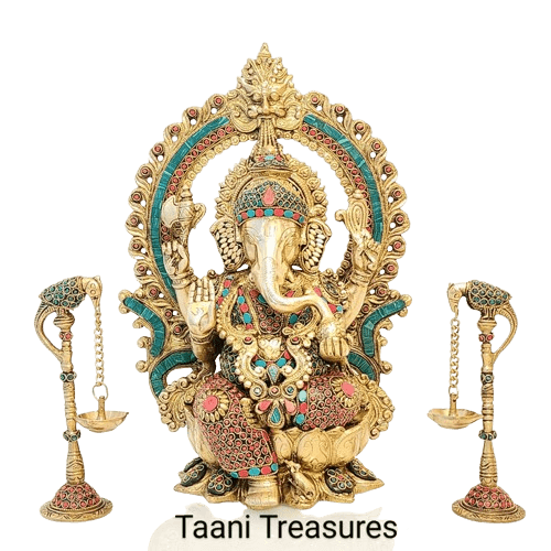 16" Brass Sri Ganesh Idol with beautiful Stonework and Pair of 8" Parrot Diyas (Set of 3)