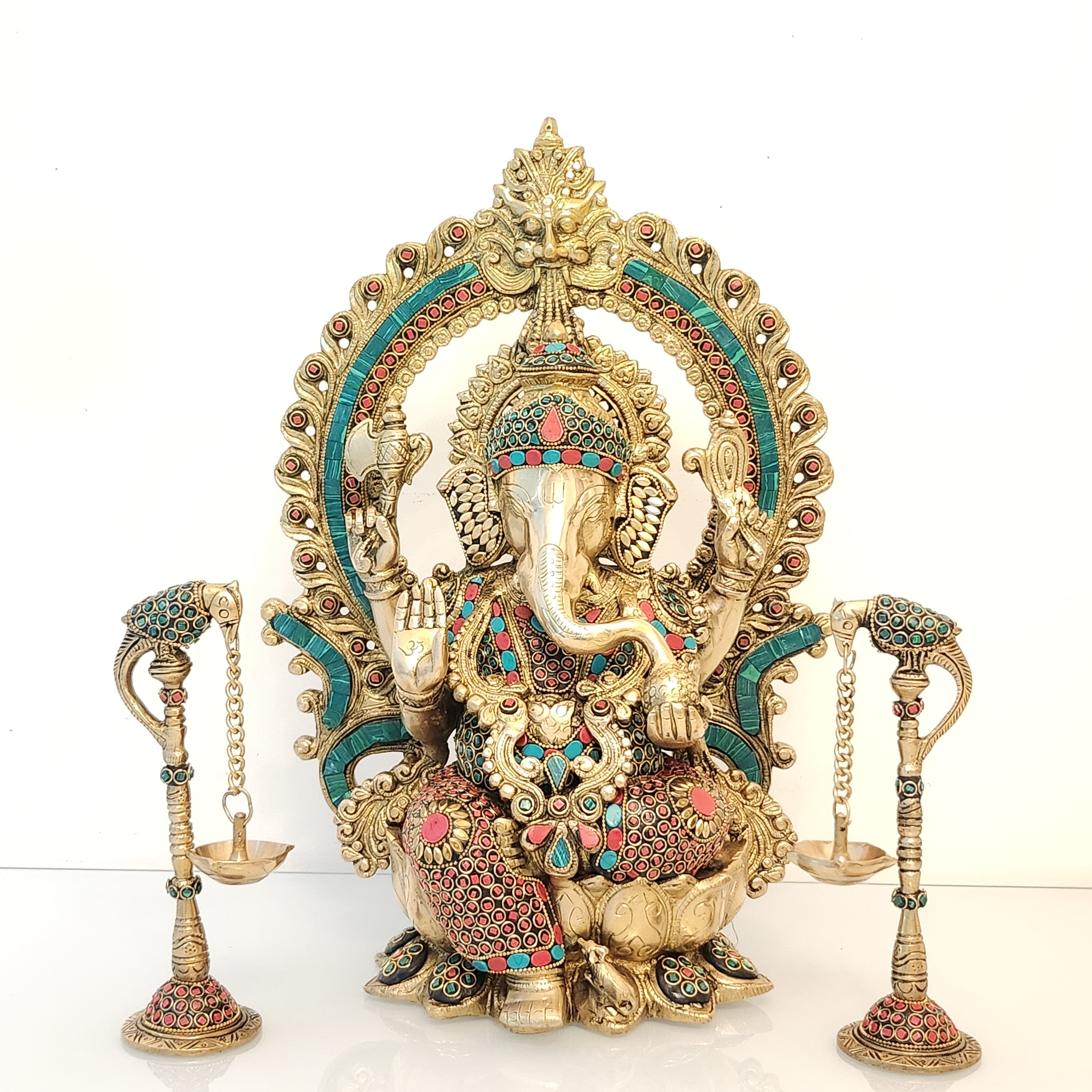 16" Brass Sri Ganesh Idol with beautiful Stonework and Pair of 8" Parrot Diyas (Set of 3)