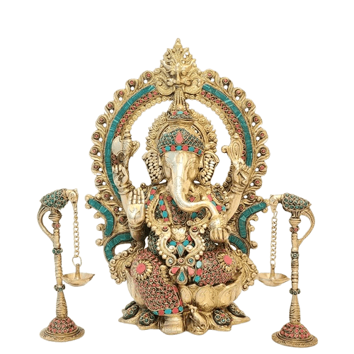 16" Brass Sri Ganesh Idol with beautiful Stonework and Pair of 8" Parrot Diyas (Set of 3)