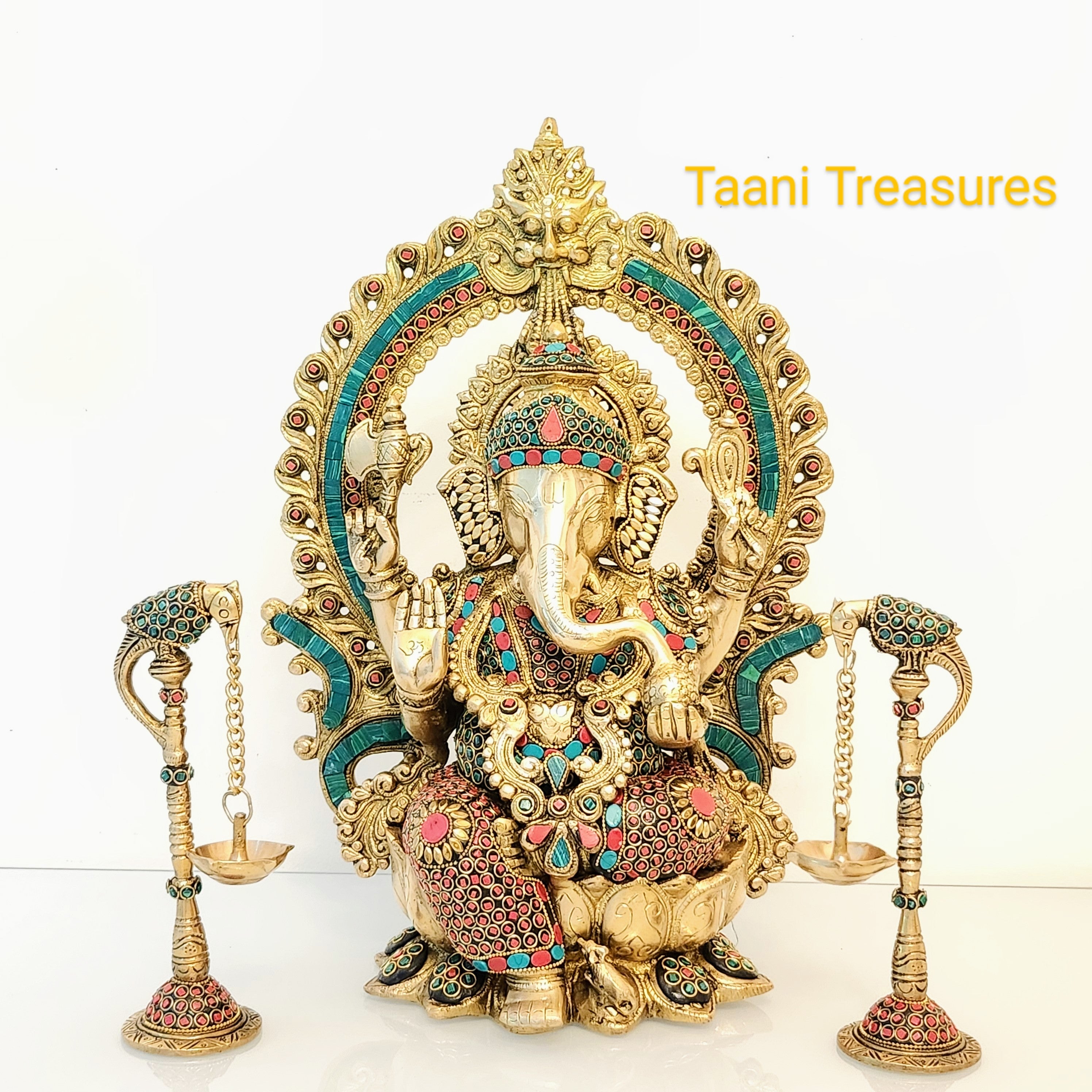 16" Brass Sri Ganesh Idol with beautiful Stonework and Pair of 8" Parrot Diyas (Set of 3)