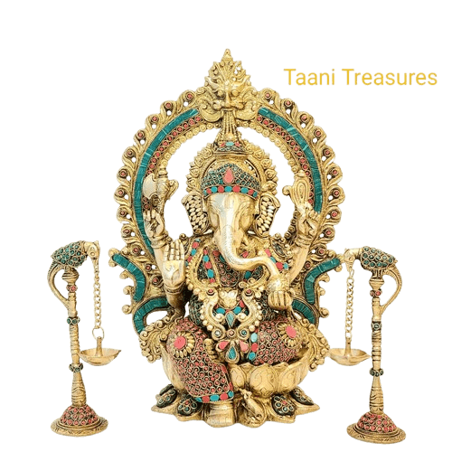 16" Brass Sri Ganesh Idol with beautiful Stonework and Pair of 8" Parrot Diyas (Set of 3)