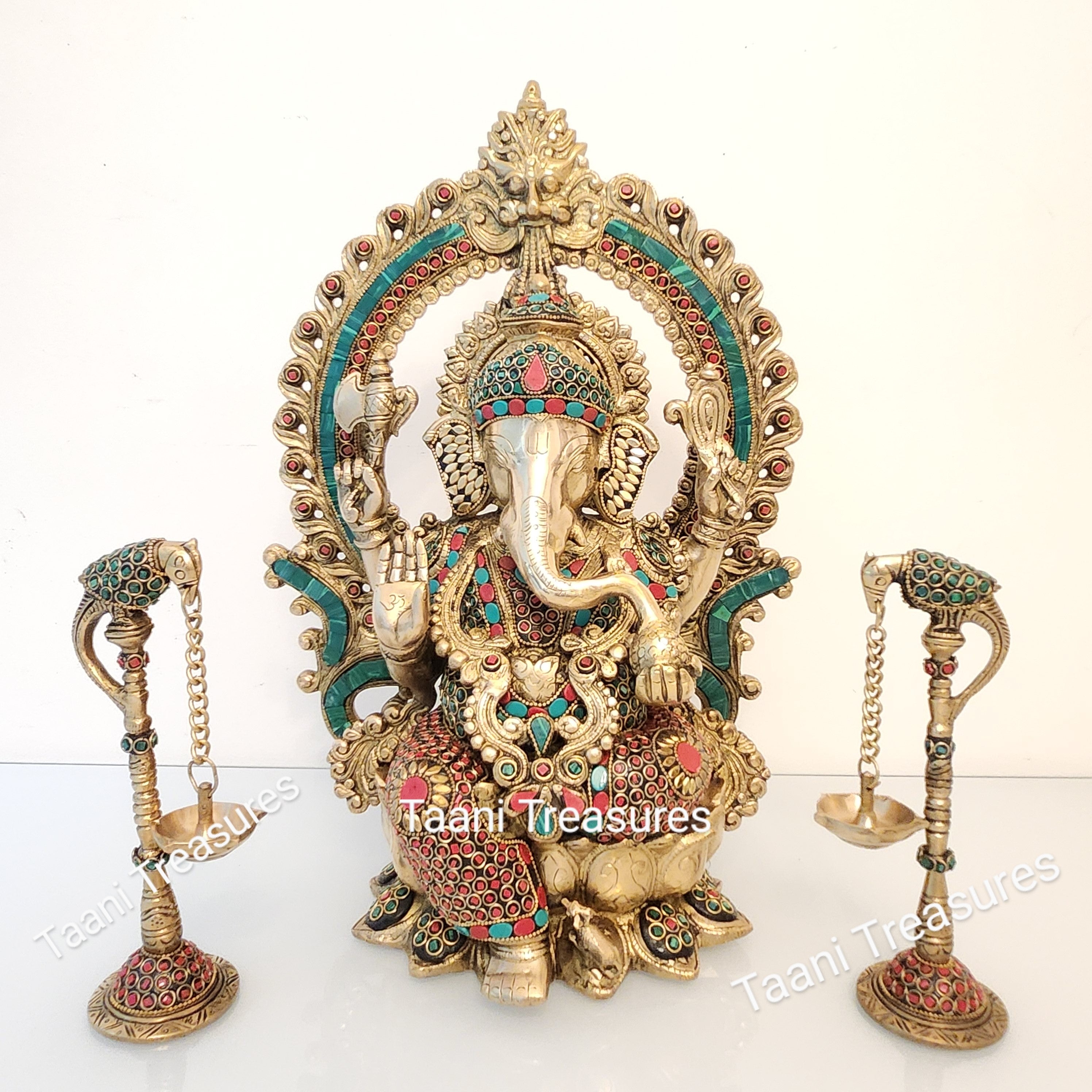 16" Brass Sri Ganesh Idol with beautiful Stonework and Pair of 8" Parrot Diyas (Set of 3)