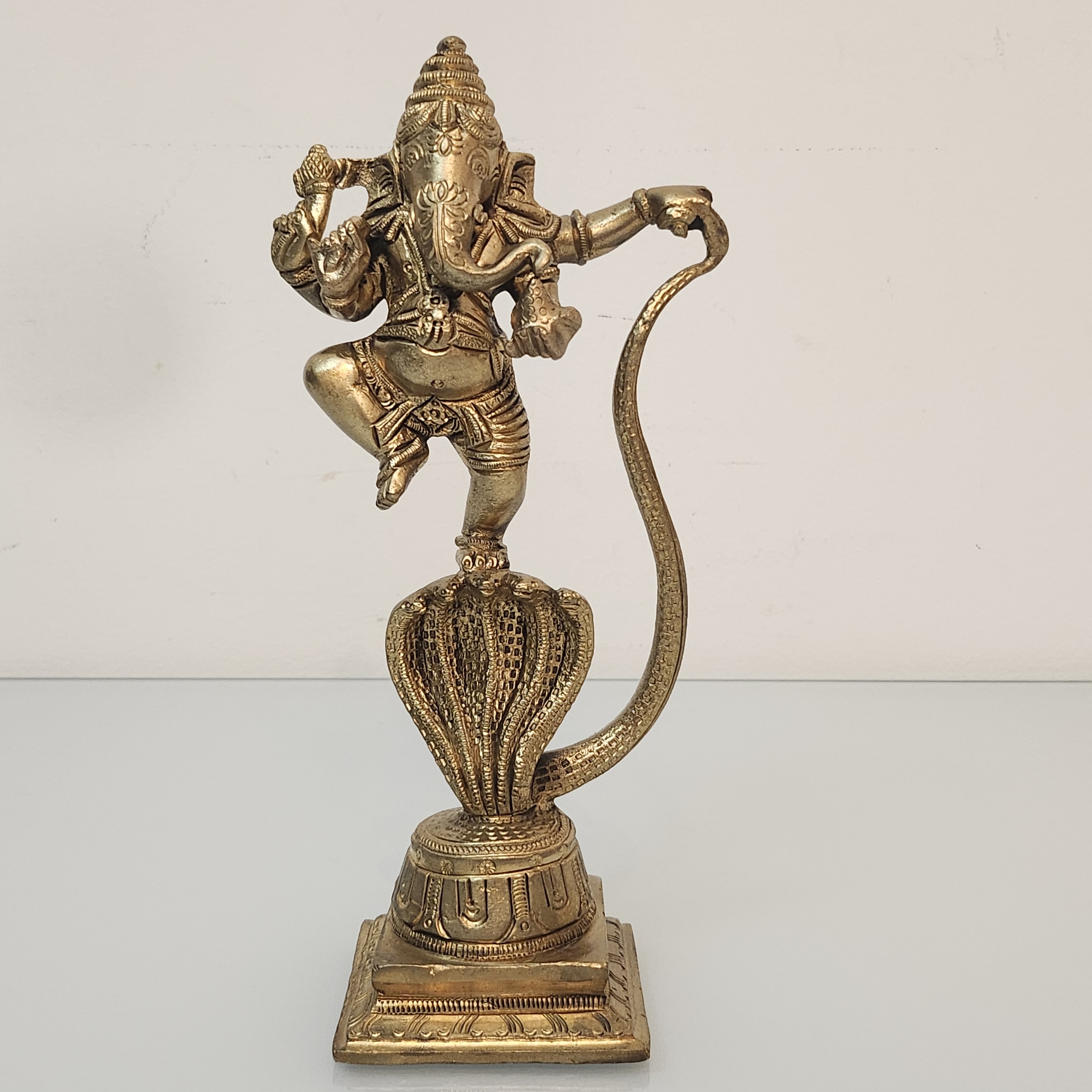 9.5 Inches Bronze Dancing Ganesh on Serpent