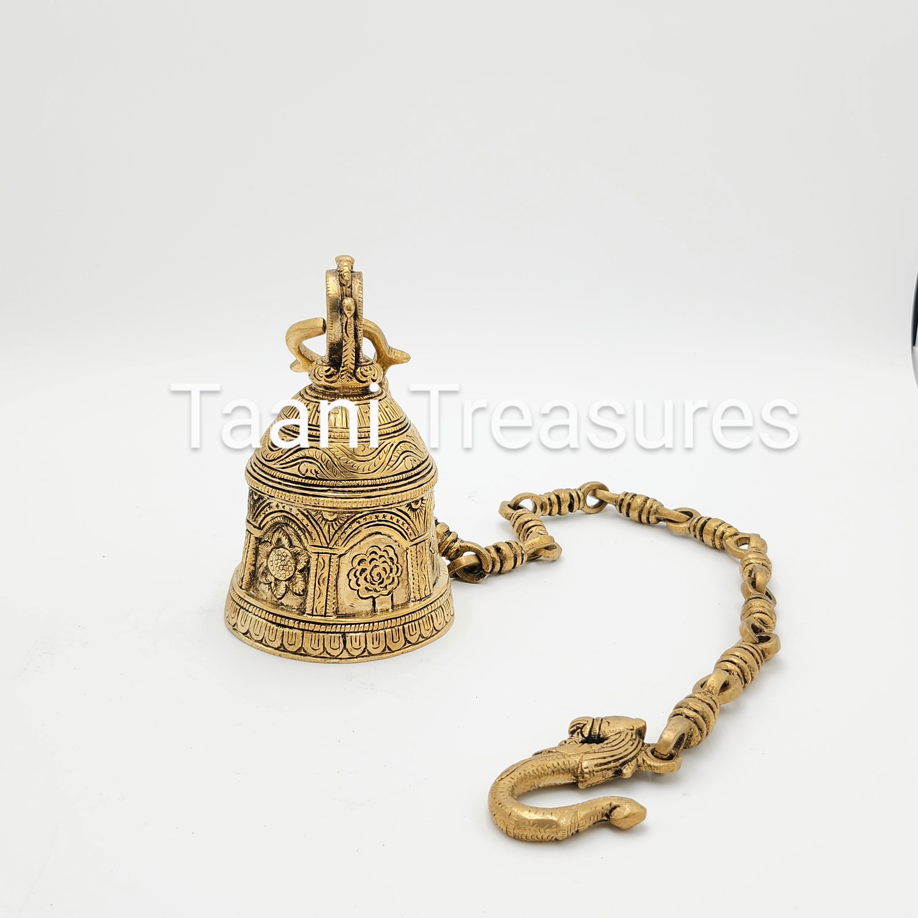 Brass Hanging Bell with Lovely Flowers Carving