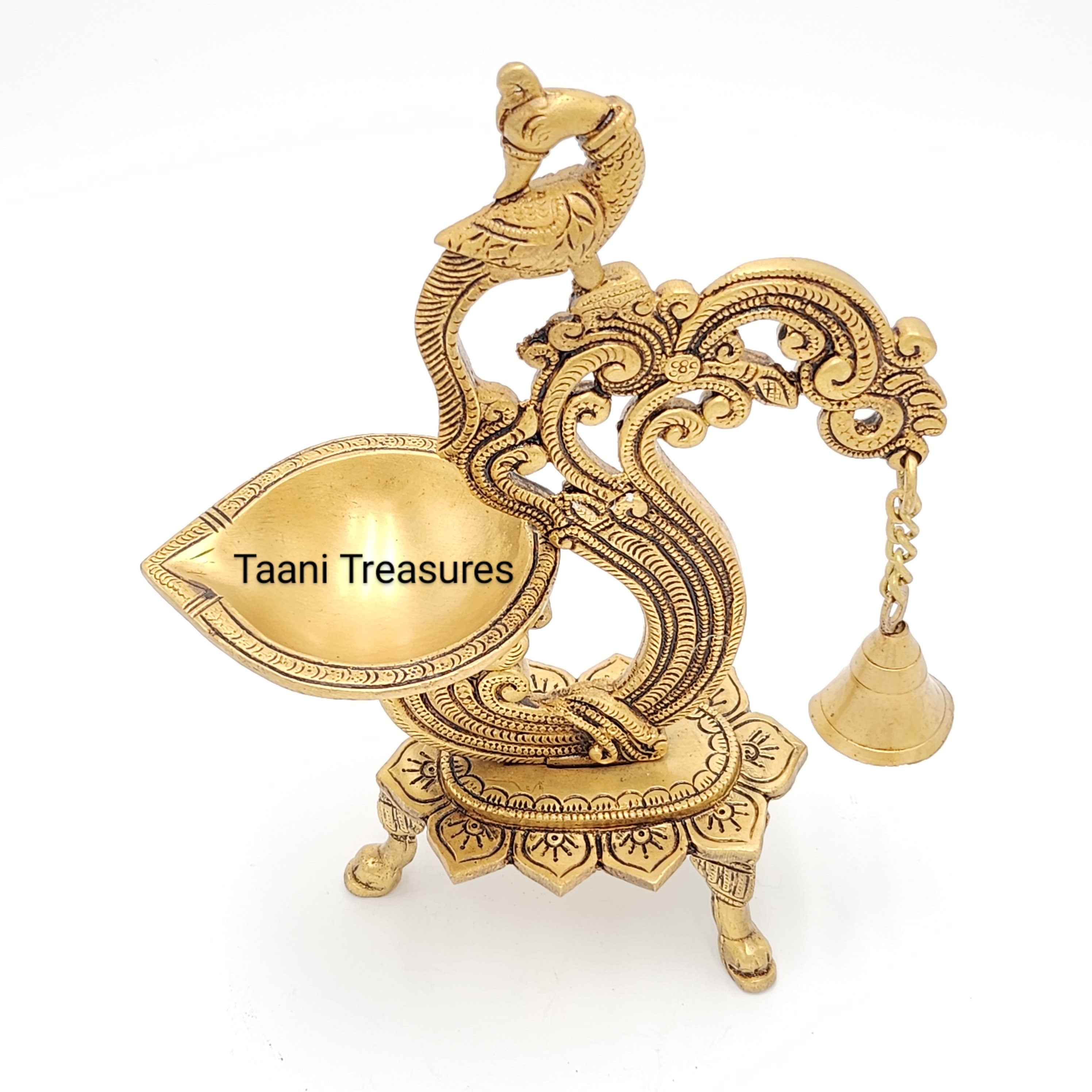 12" Brass Parrot Design Oil Diya Lamp With Bell - Set of 2