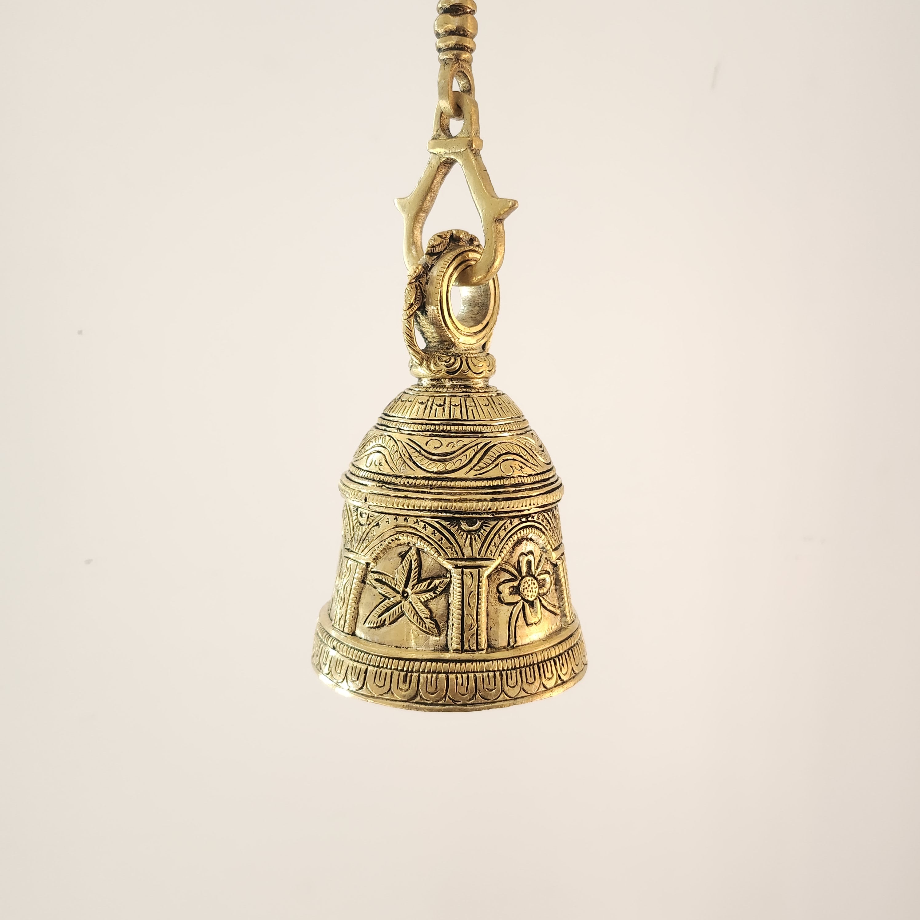 Brass Hanging Bell with Lovely Flowers Carving