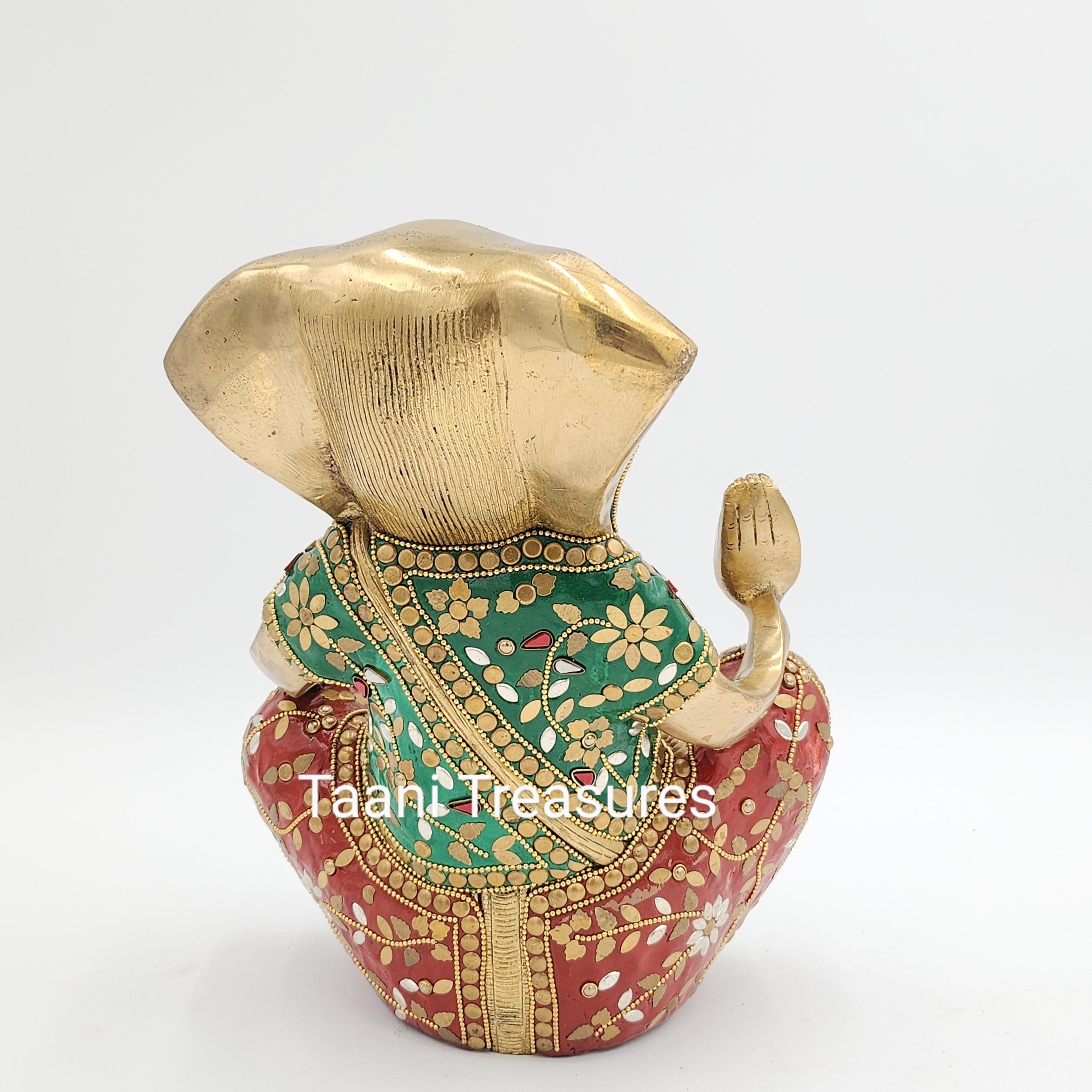 11" Brass Modern Ganesh Idol with colorful stonework