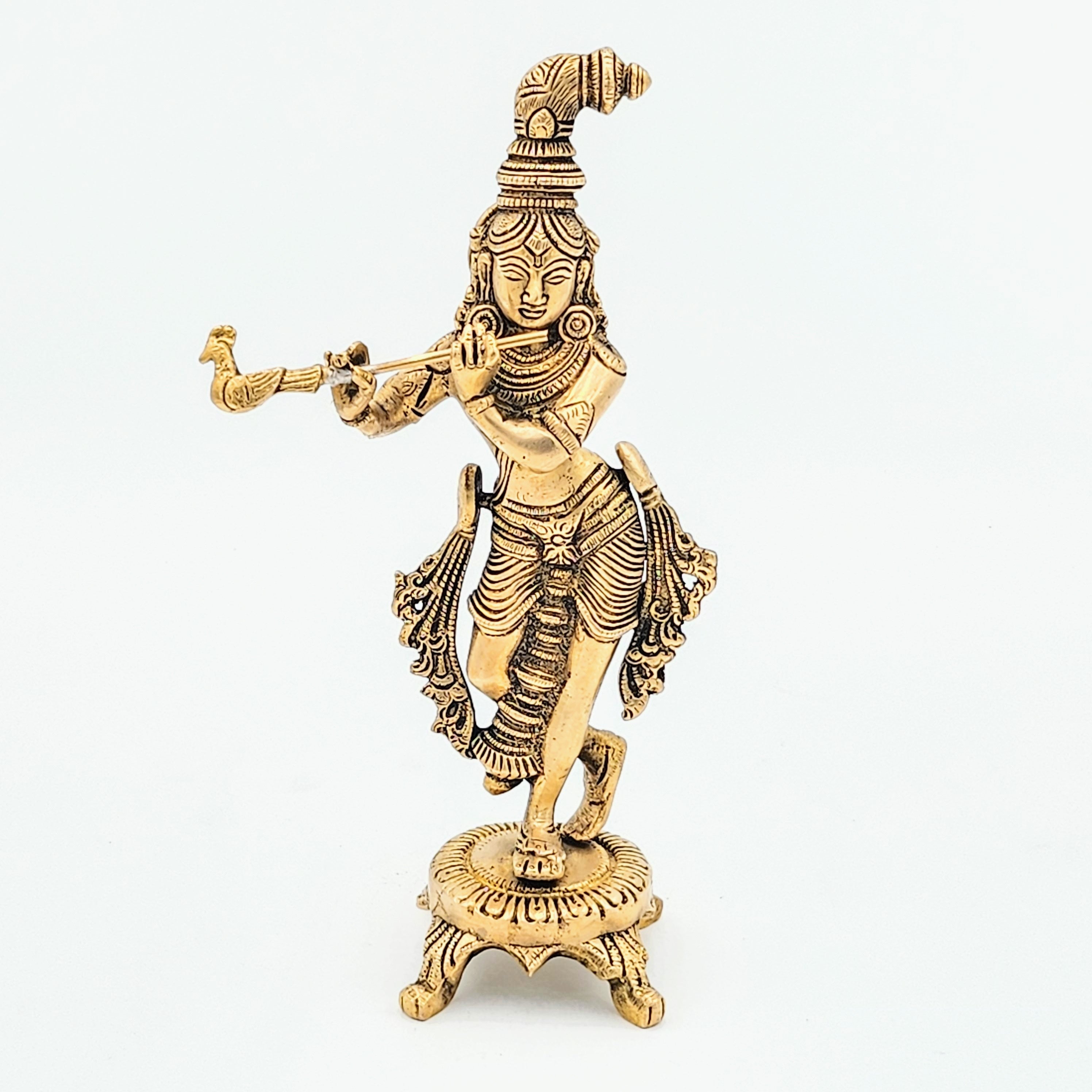 Brass Murli Krishna, Brass Krishna Statue On a Pedestal 10 Inches