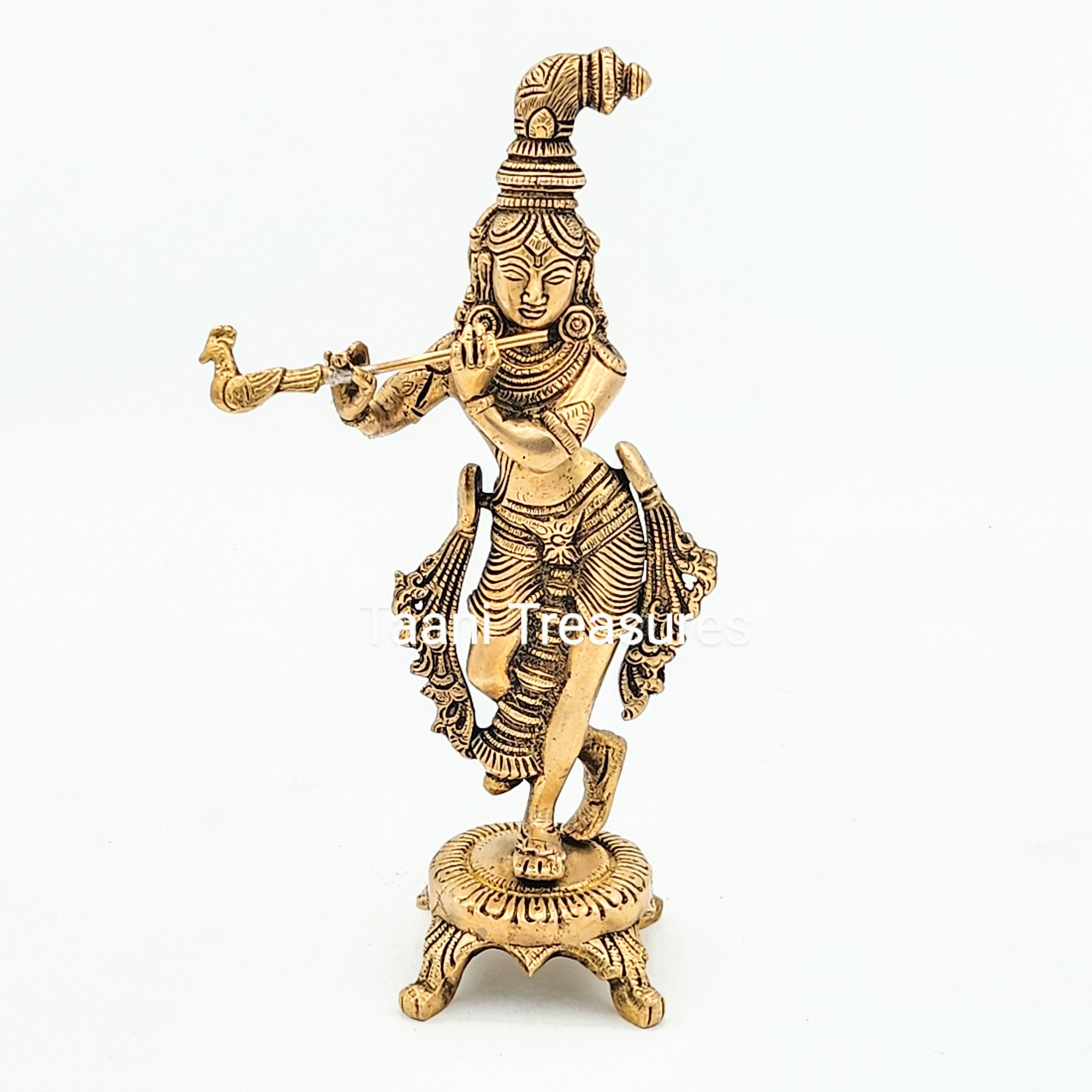 Brass Murli Krishna, Brass Krishna Statue On a Pedestal 10 Inches