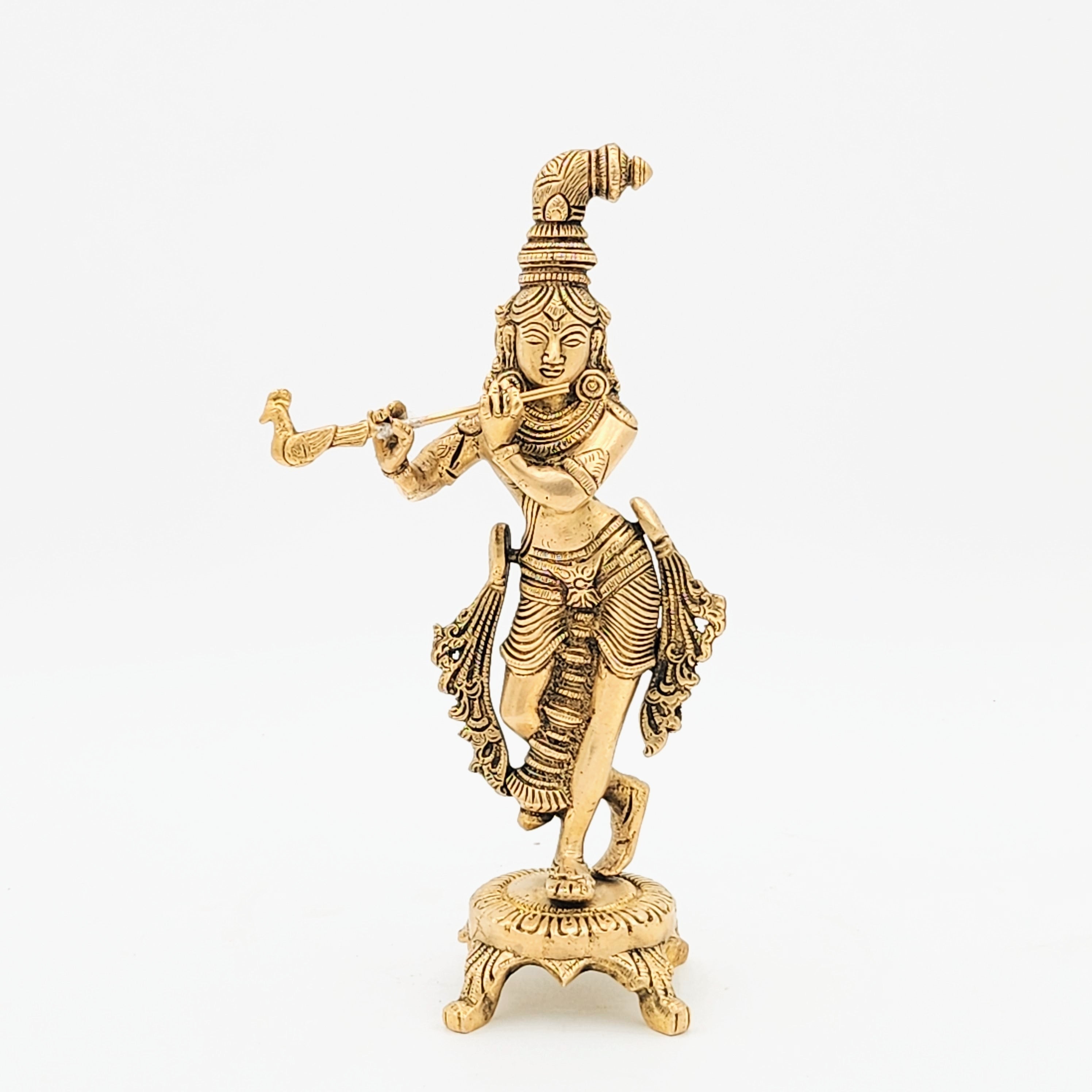 Brass Murli Krishna, Brass Krishna Statue On a Pedestal 10 Inches