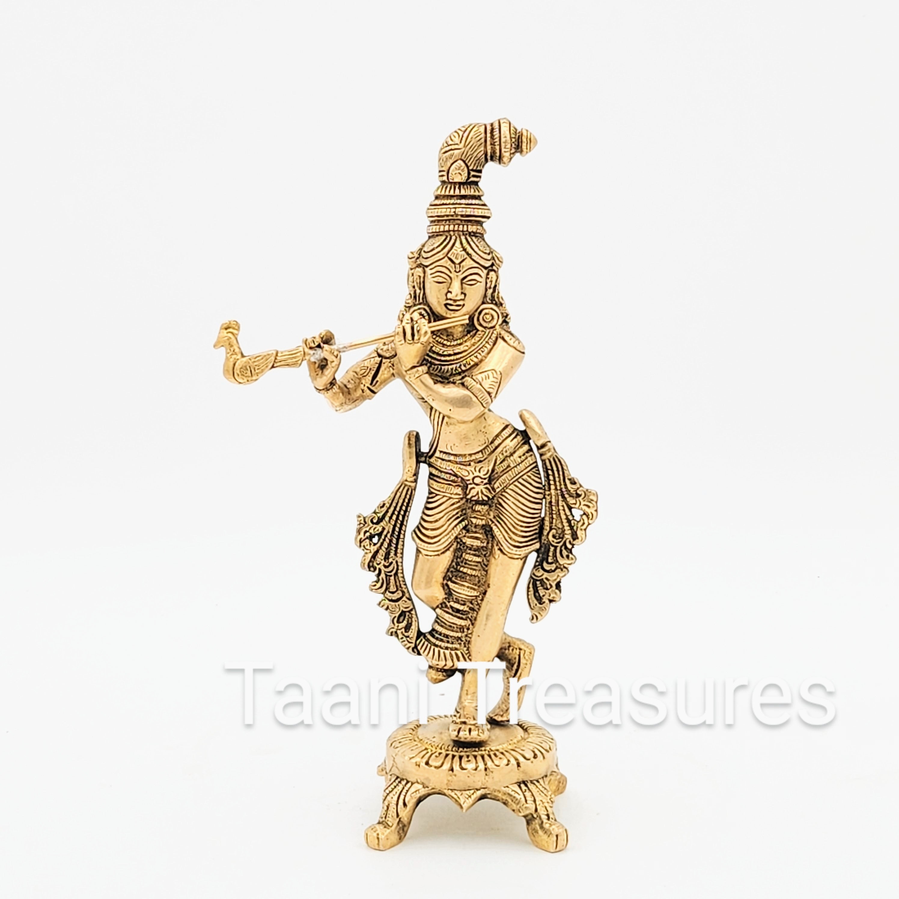 Brass Murli Krishna, Brass Krishna Statue On a Pedestal 10 Inches