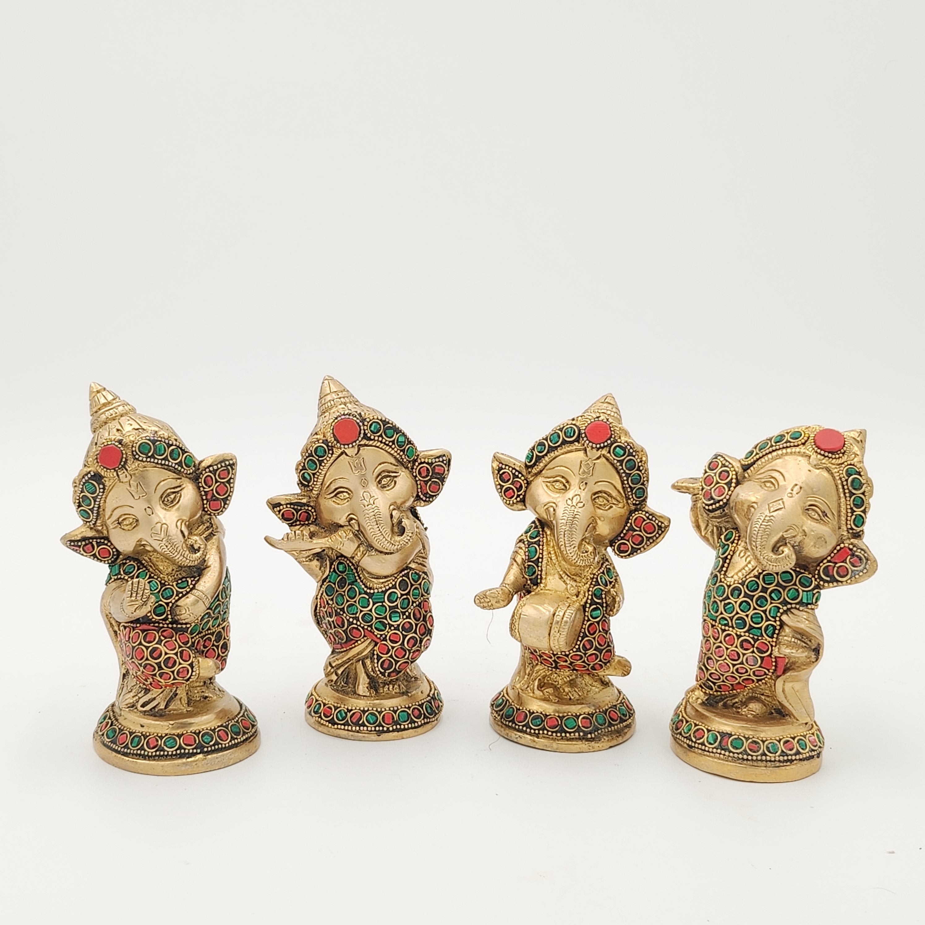 6" Brass Ganesh Musicians in Colorful Stonework - Set of 4