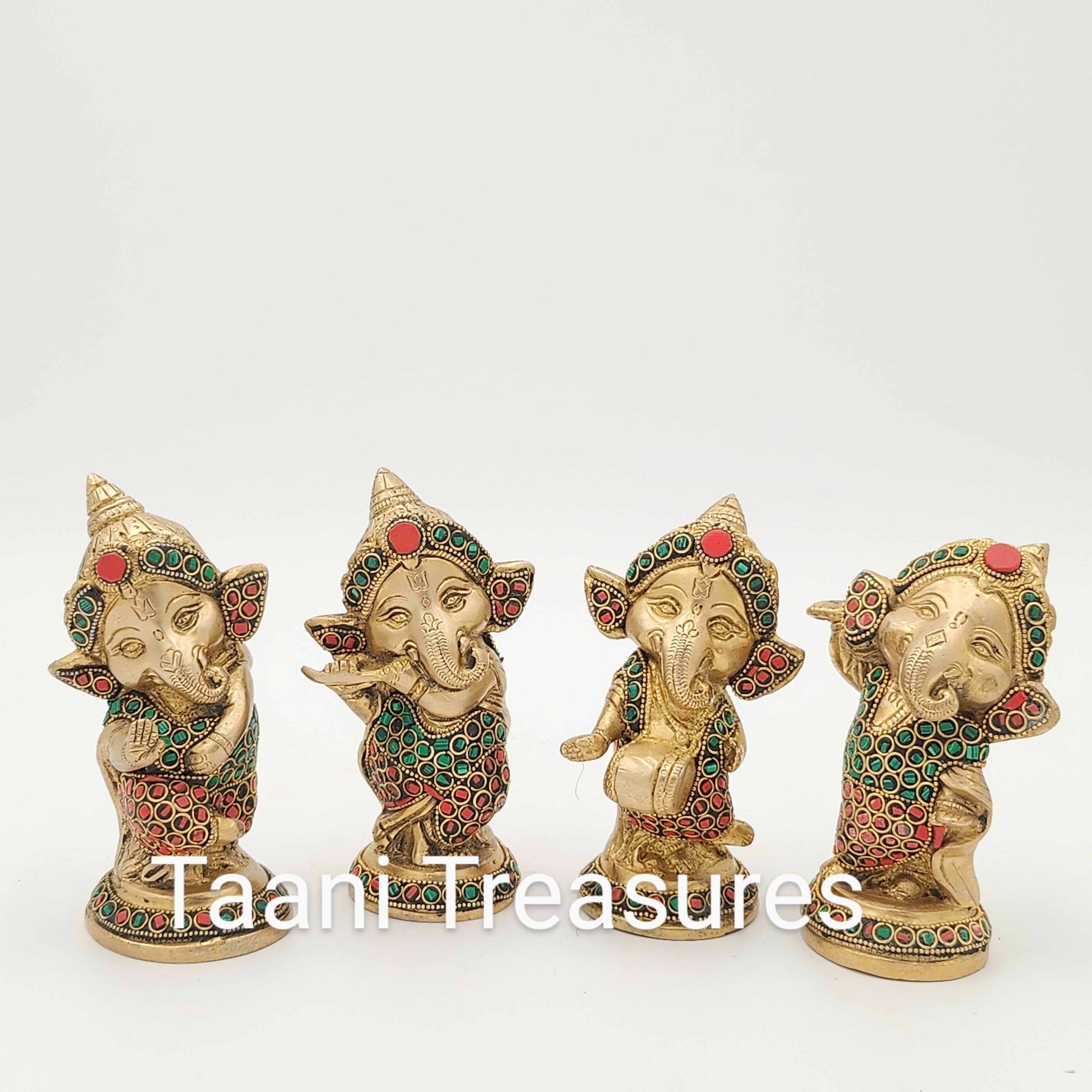 6" Brass Ganesh Musicians in Colorful Stonework - Set of 4