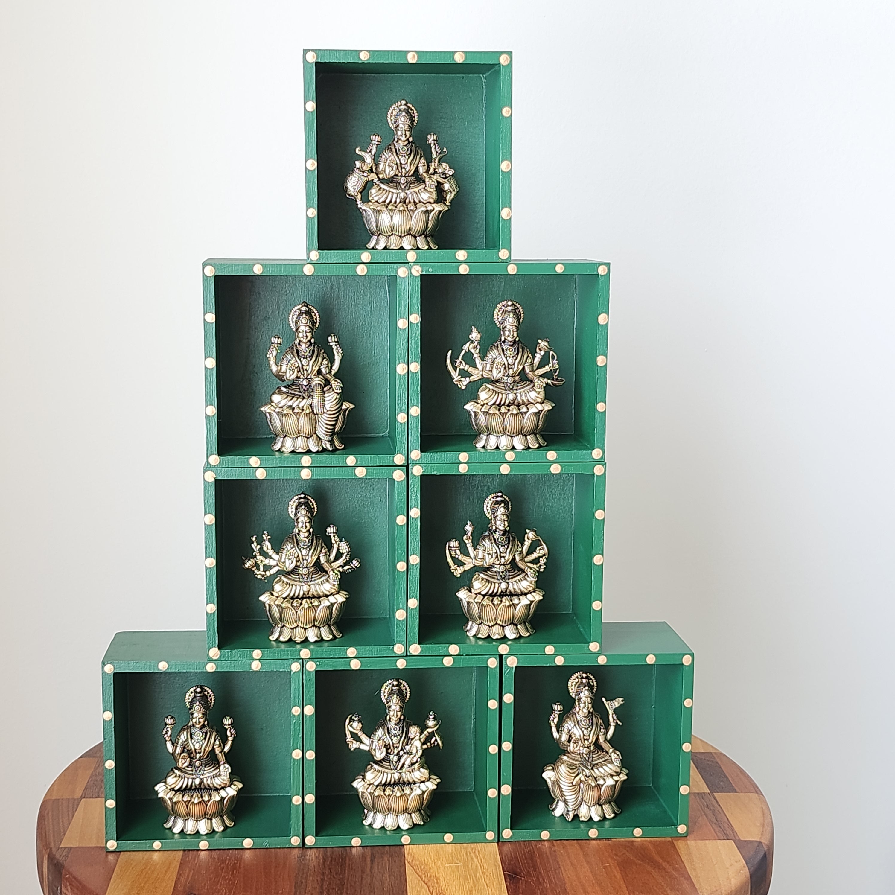 Ashtalakshmi Brass Idol Set | Lakshmi Murti with Handpainted Wooden Stands | Diwali Decor | Navratri Golu | Hindu Temple Decor