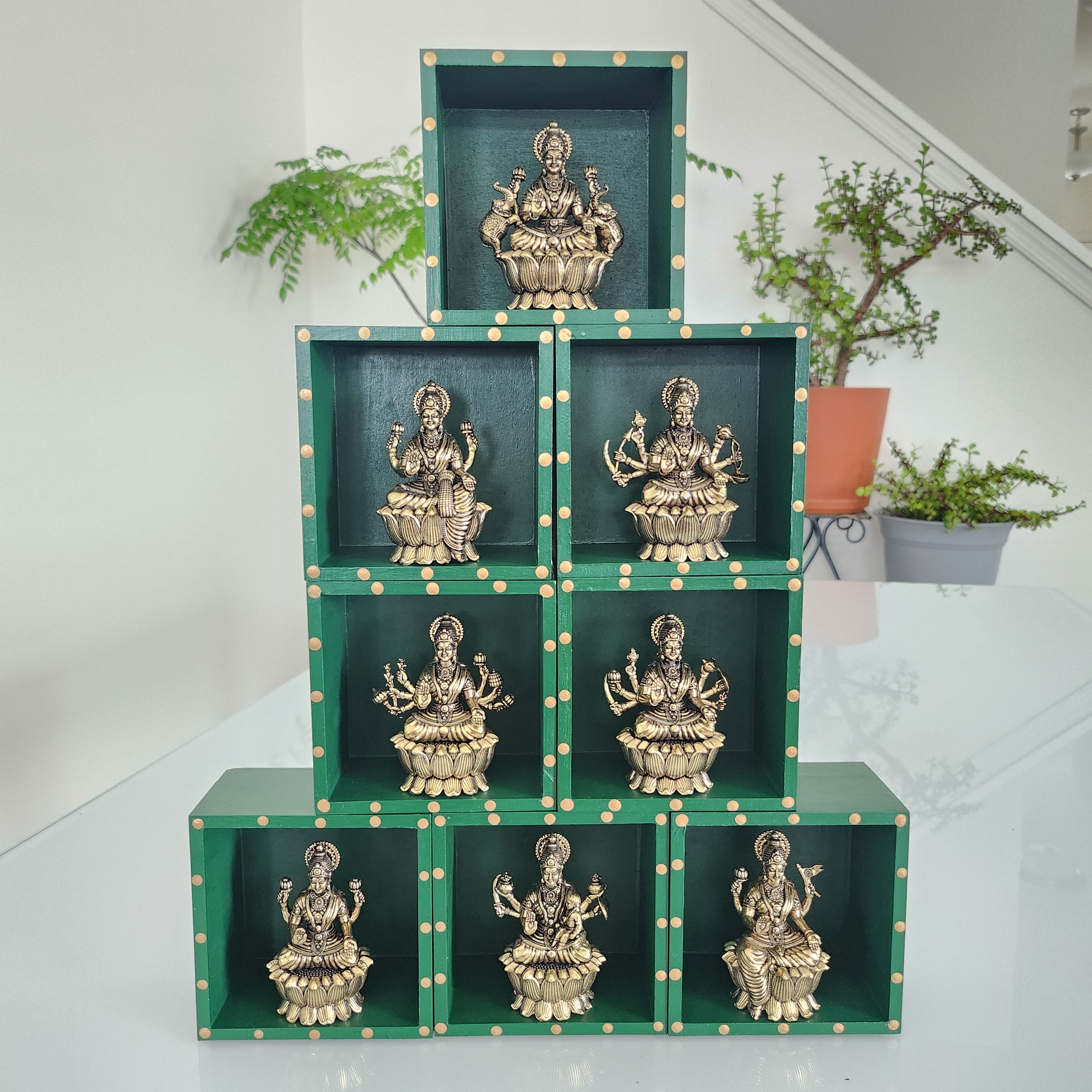 Ashtalakshmi Brass Idol Set | Lakshmi Murti with Handpainted Wooden Stands | Diwali Decor | Navratri Golu | Hindu Temple Decor