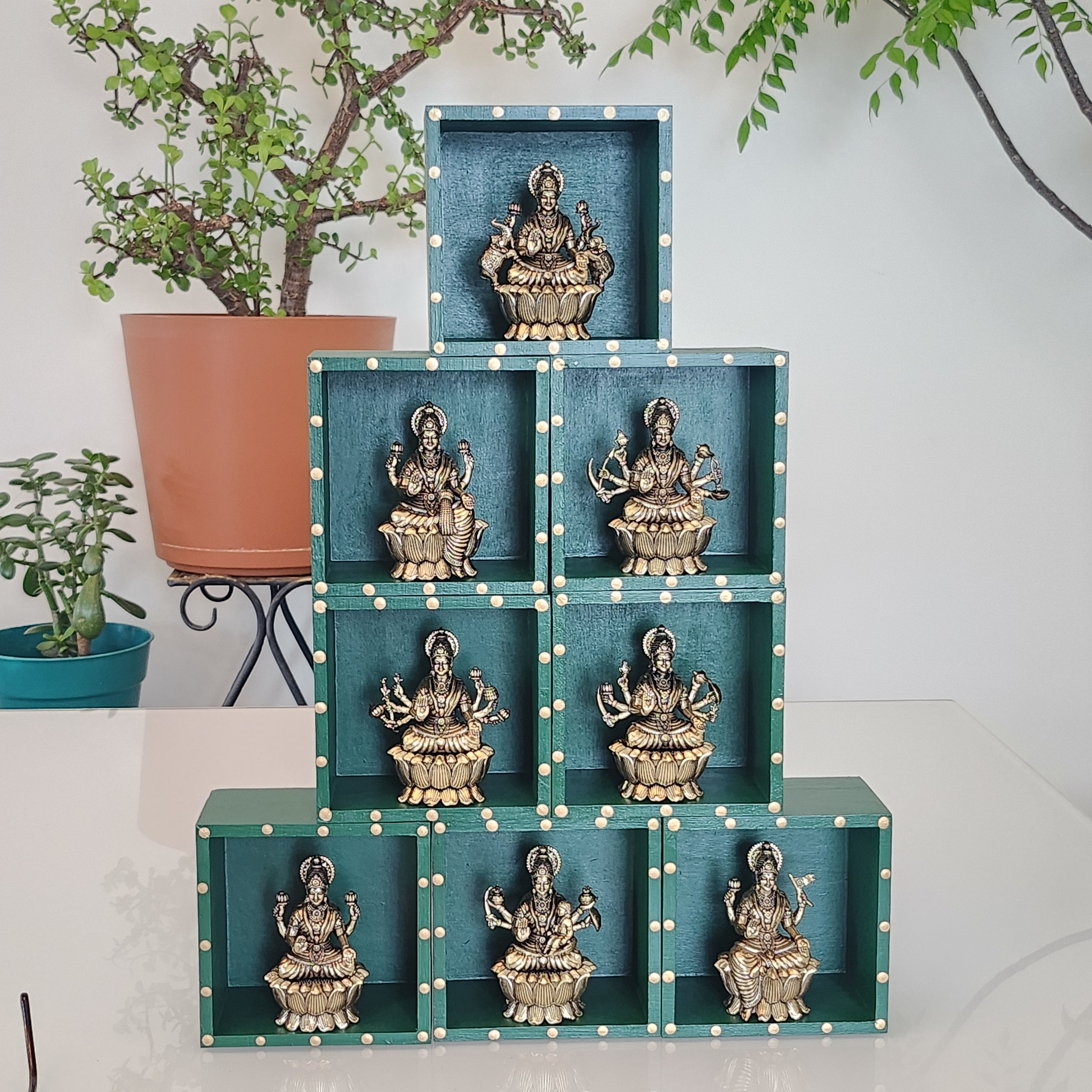 Ashtalakshmi Brass Idol Set | Lakshmi Murti with Handpainted Wooden Stands | Diwali Decor | Navratri Golu | Hindu Temple Decor