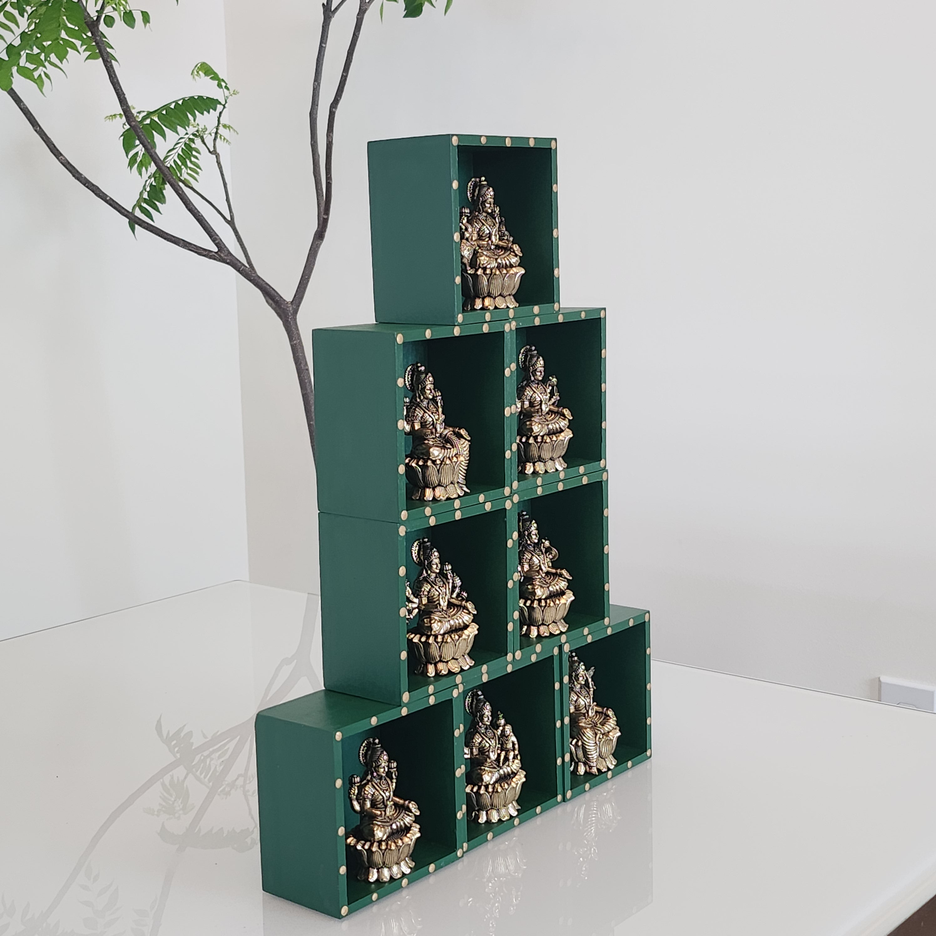 Ashtalakshmi Brass Idol Set | Lakshmi Murti with Handpainted Wooden Stands | Diwali Decor | Navratri Golu | Hindu Temple Decor