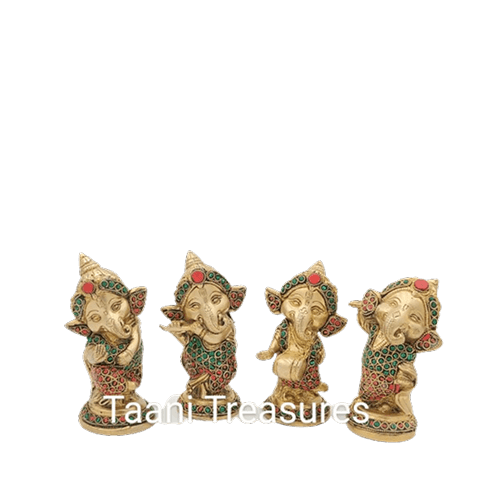 6" Brass Ganesh Musicians in Colorful Stonework - Set of 4