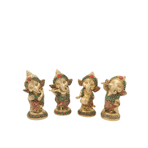 6" Brass Ganesh Musicians in Colorful Stonework - Set of 4