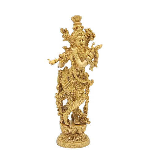 14" Brass Golden Krishna Statue