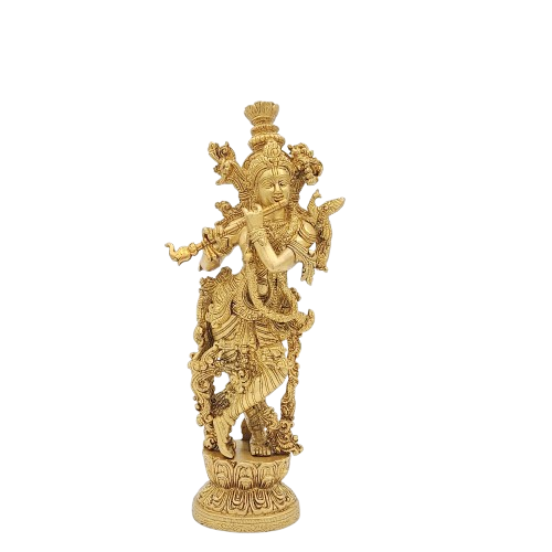 14" Brass Golden Krishna Statue