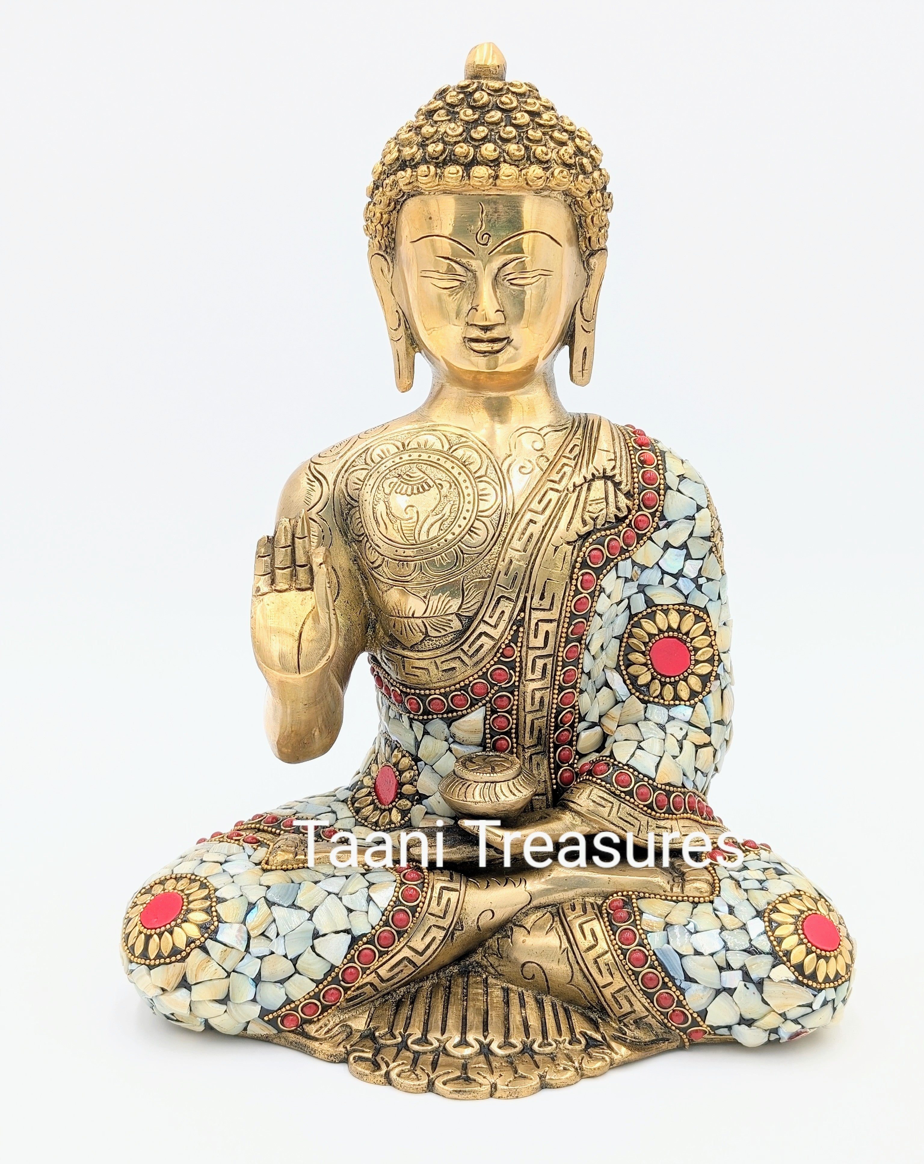 Brass Buddha Statue | 12 Inches | Buddha with Stonework in Red and White