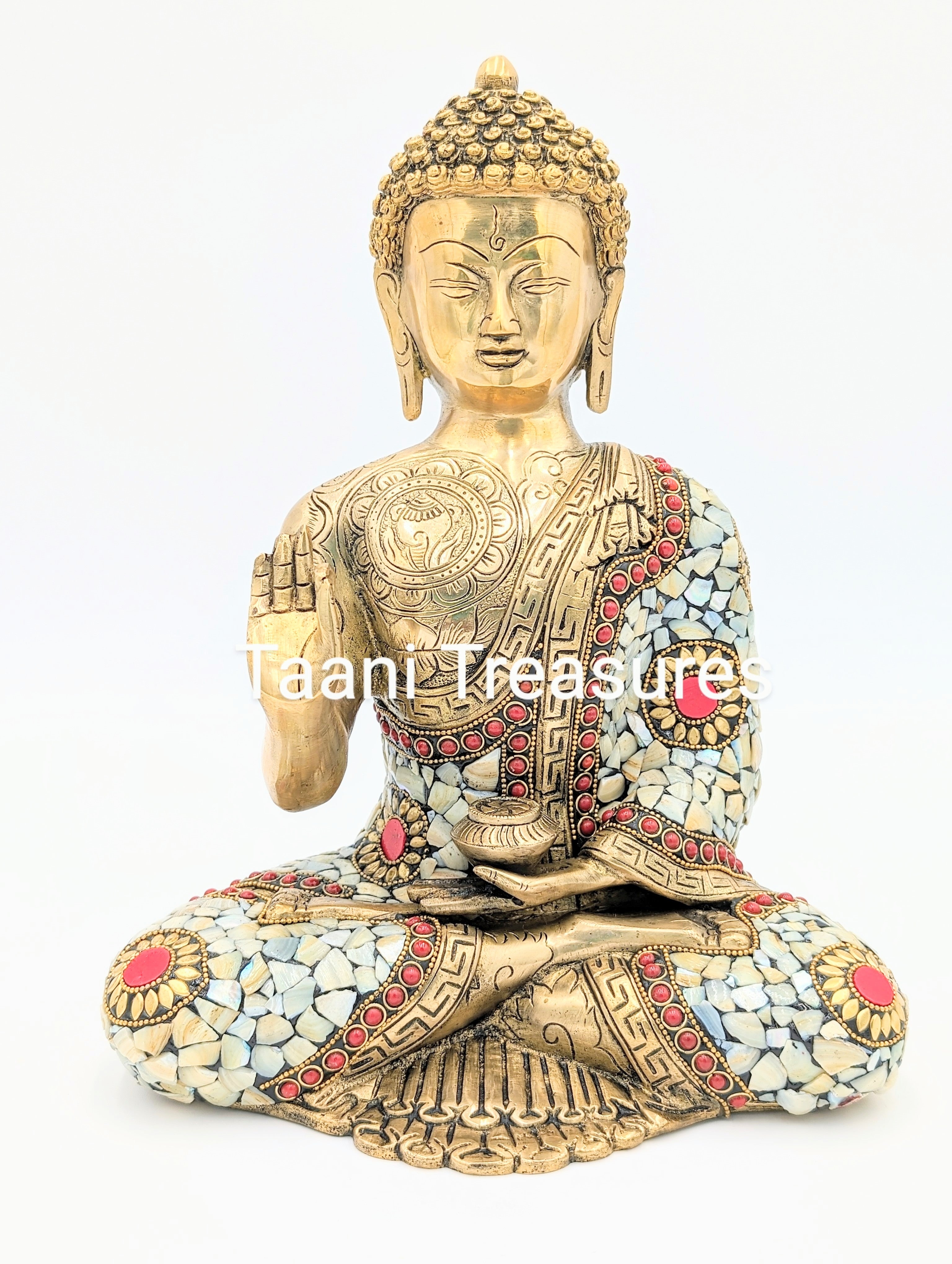 Brass Buddha Statue | 12 Inches | Buddha with Stonework in Red and White