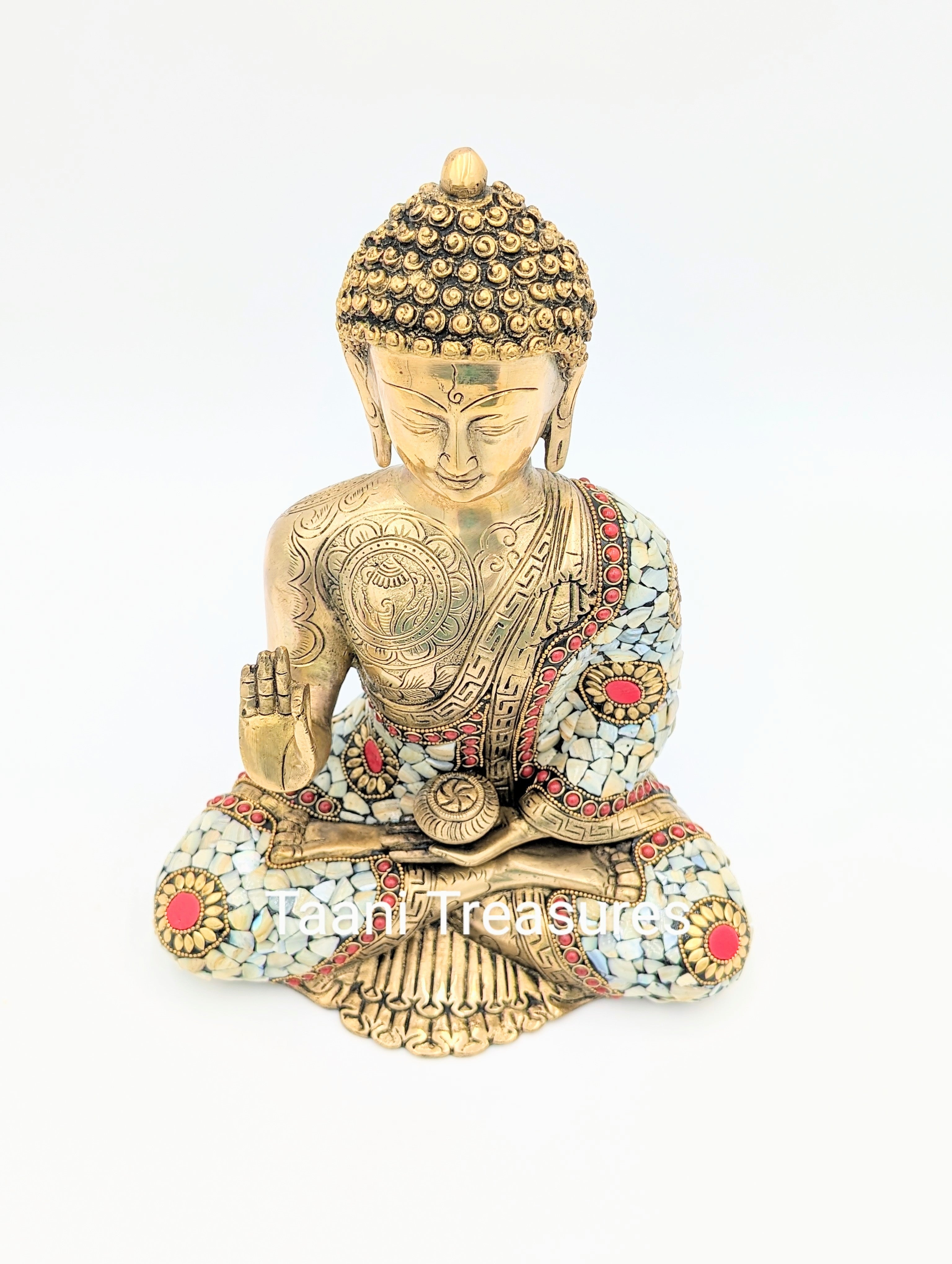 Brass Buddha Statue | 12 Inches | Buddha with Stonework in Red and White