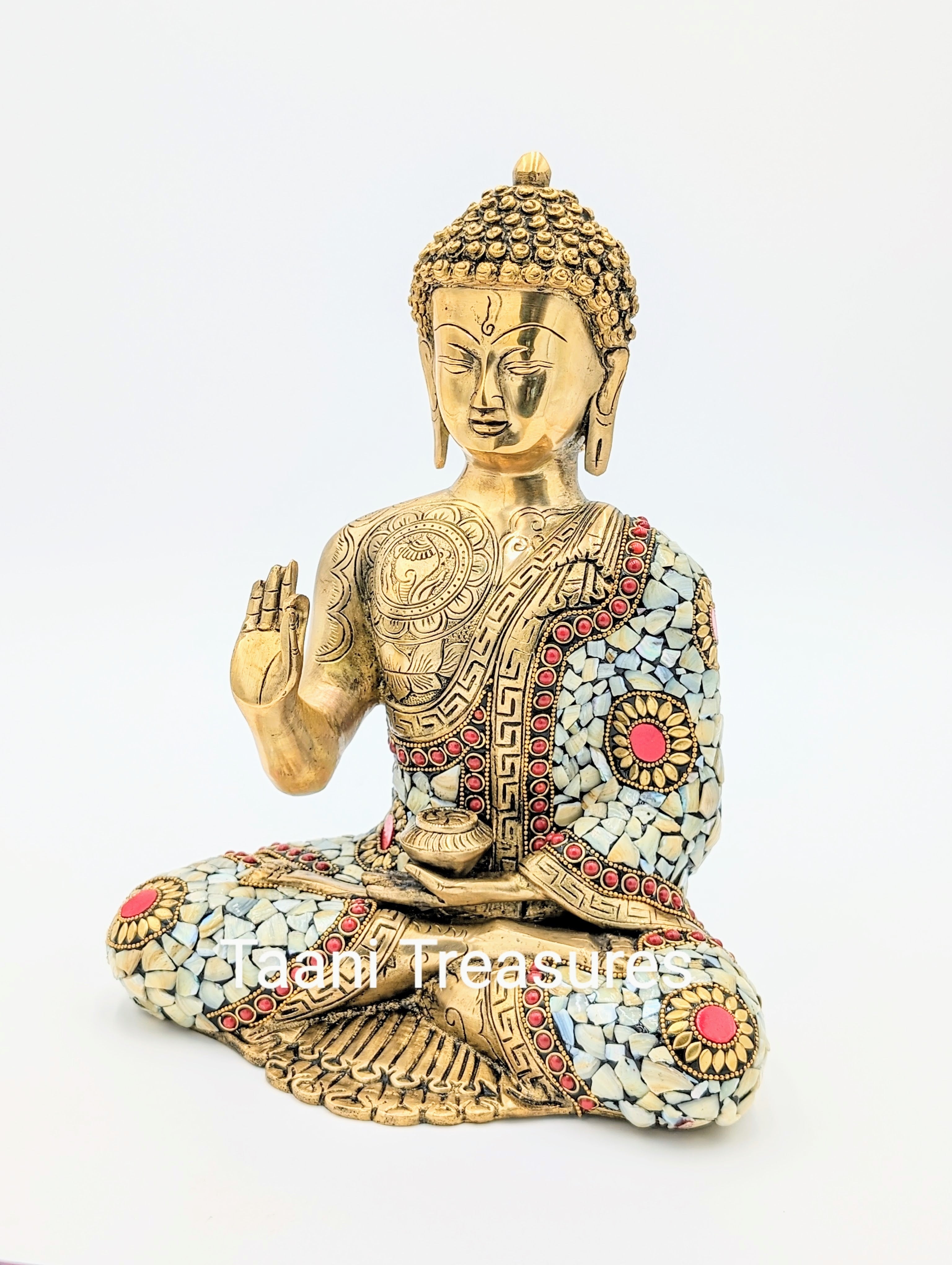 Brass Buddha Statue | 12 Inches | Buddha with Stonework in Red and White