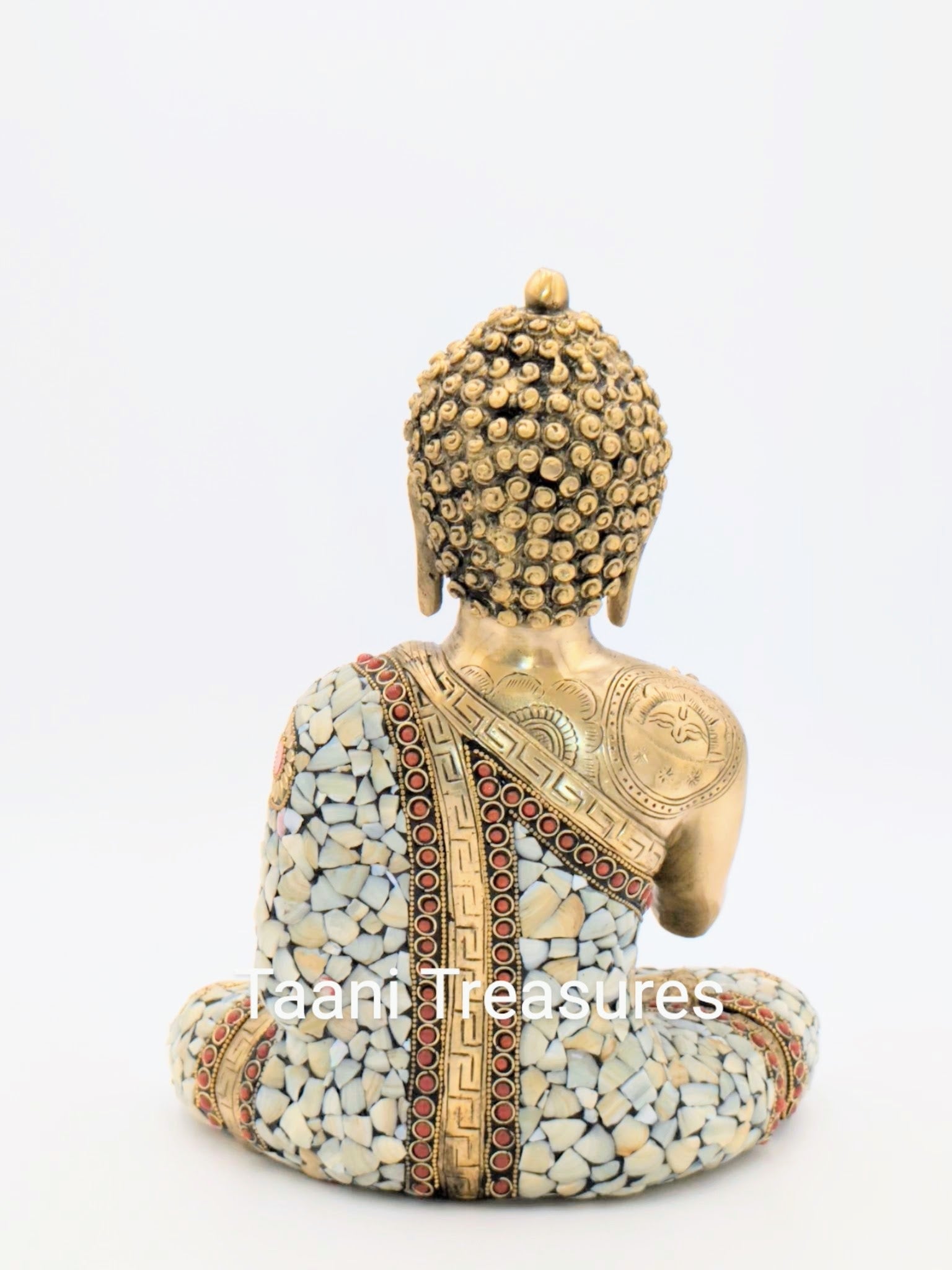 Brass Buddha Statue | 12 Inches | Buddha with Stonework in Red and White