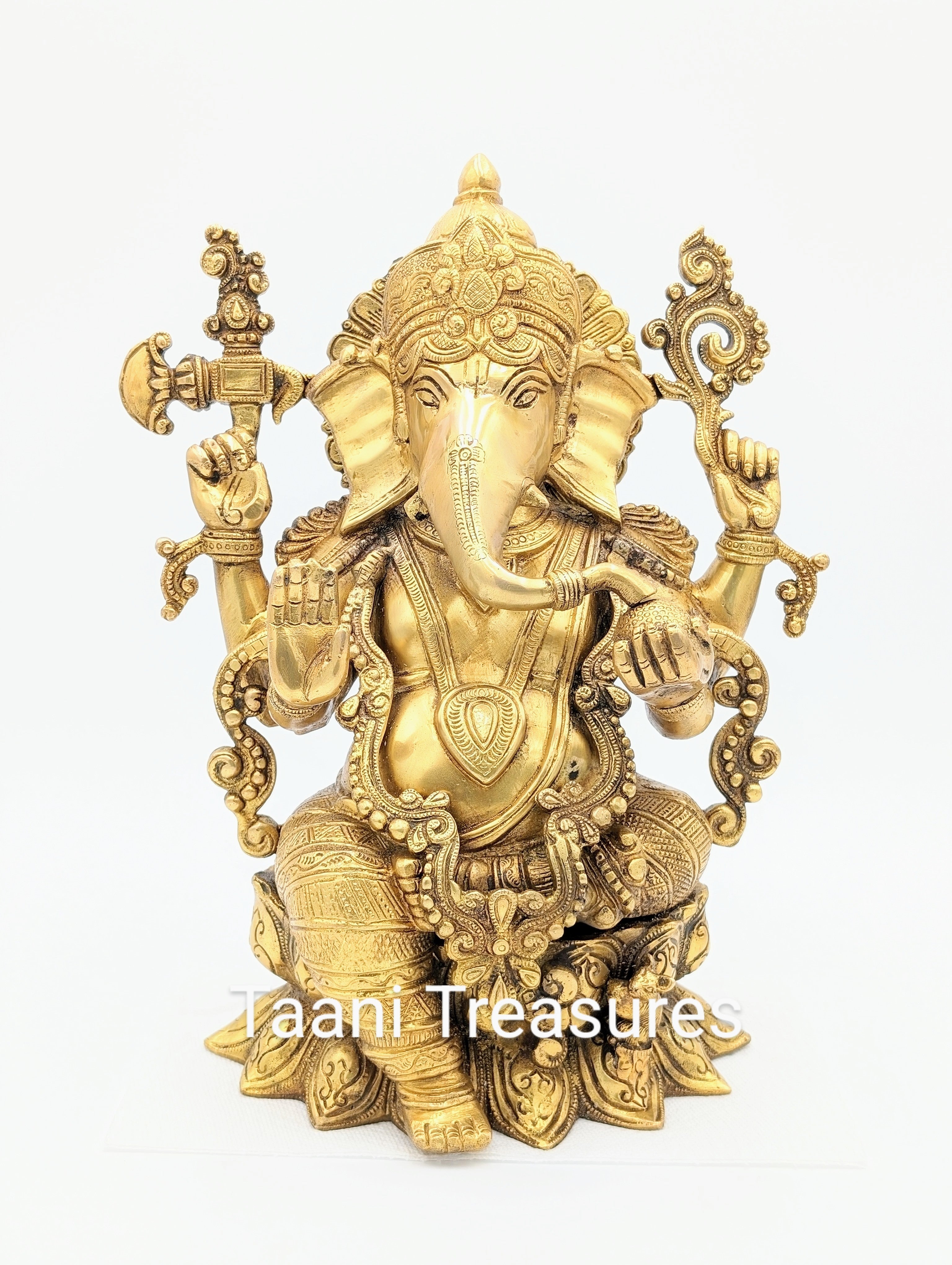 15" Brass Ganesh on Lotus in Gold Antique Finish Brass Statue