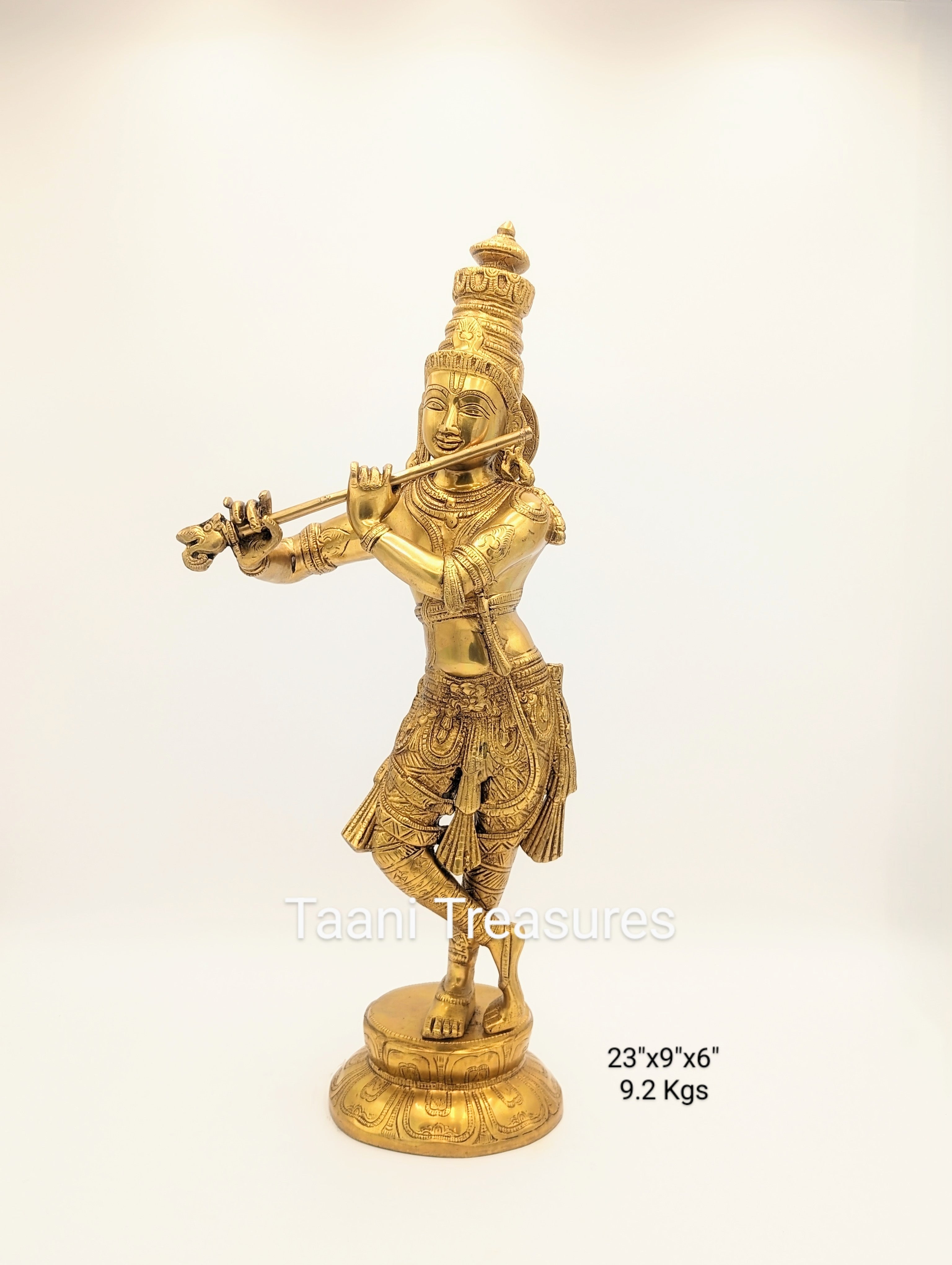 23" Pure Brass Krishna Statue in Gold Finish, Large Size Murali Krishna Brass Idol, Lord Krishna with Flute, Lord Krishna Murti for Home Decor