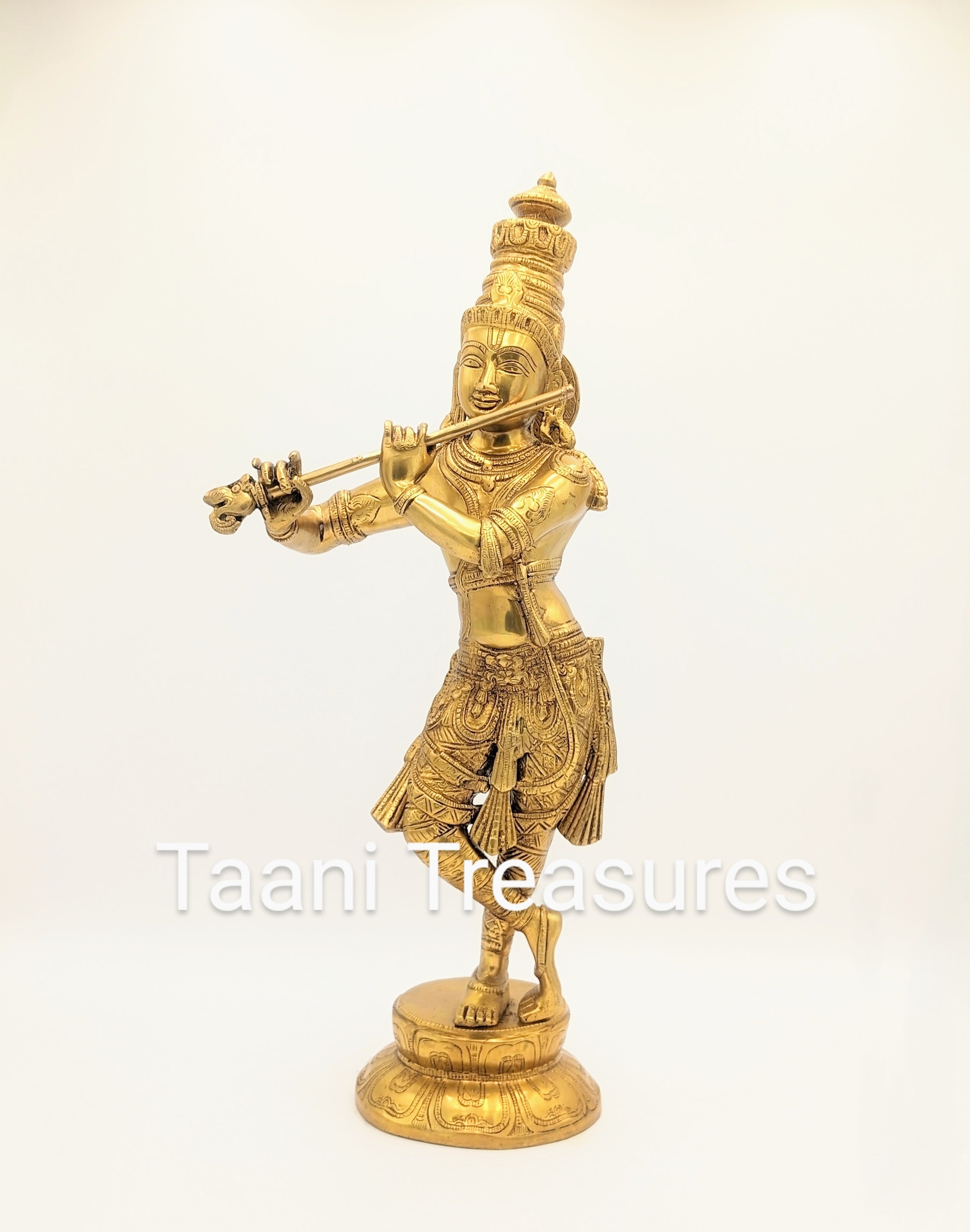 23" Pure Brass Krishna Statue in Gold Finish, Large Size Murali Krishna Brass Idol, Lord Krishna with Flute, Lord Krishna Murti for Home Decor