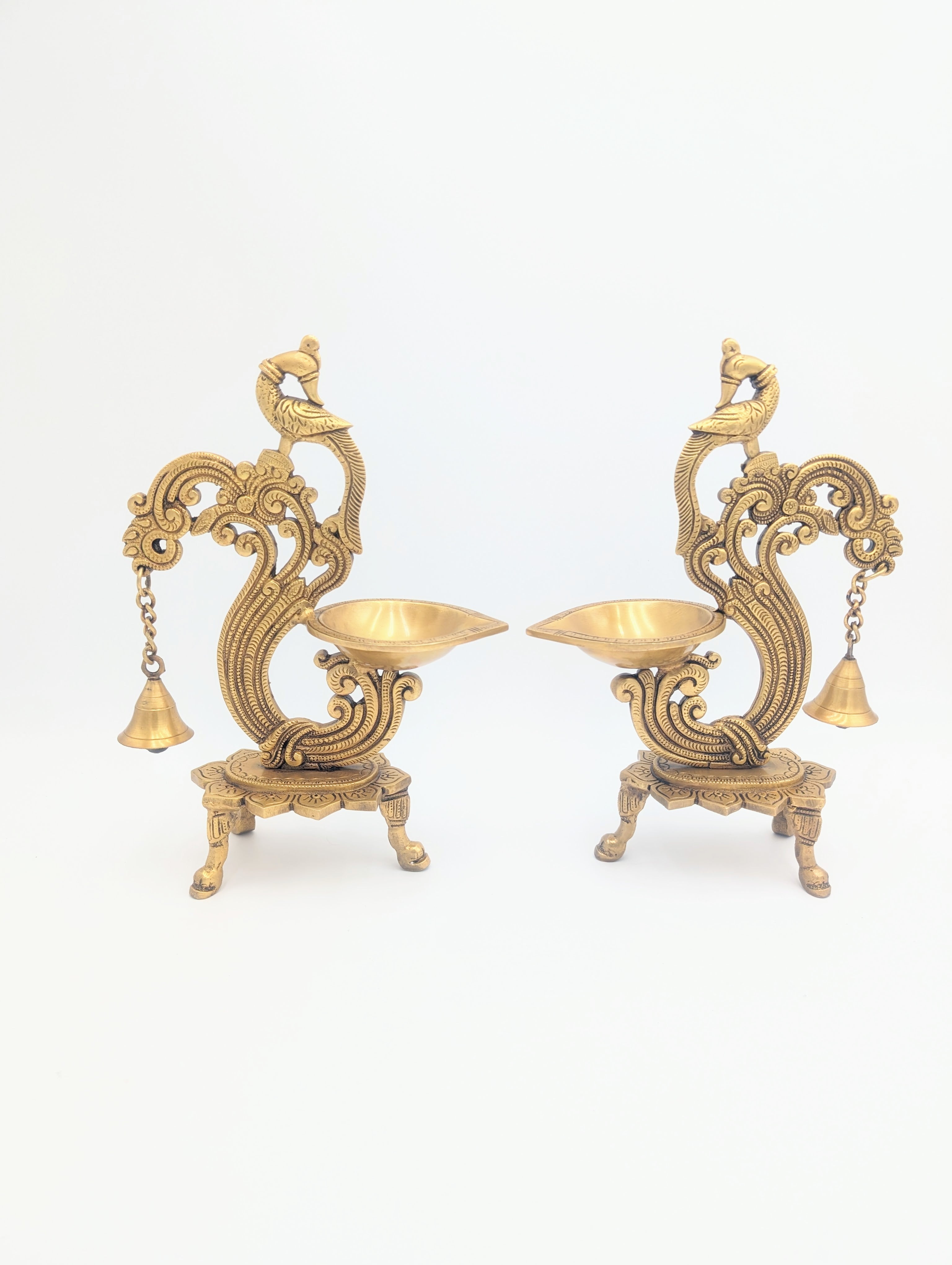 12" Brass Parrot Design Oil Diya Lamp With Bell - Set of 2