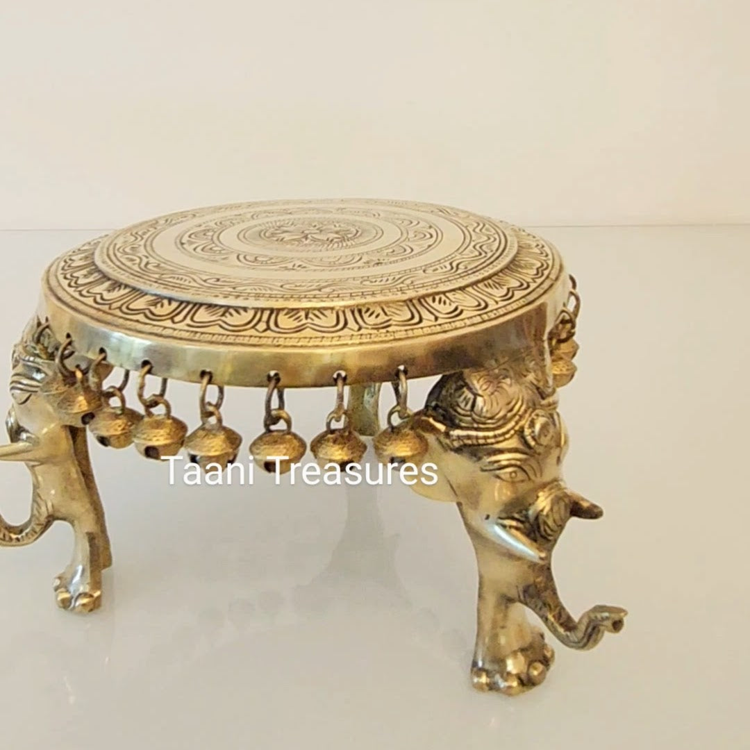 6.5" Brass Round Chowki with Elephant-head Legs and Bells