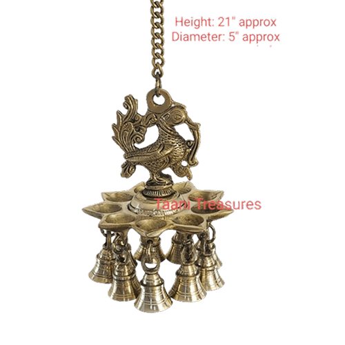 21" Brass Hanging Peacock Design Lamp with Bells