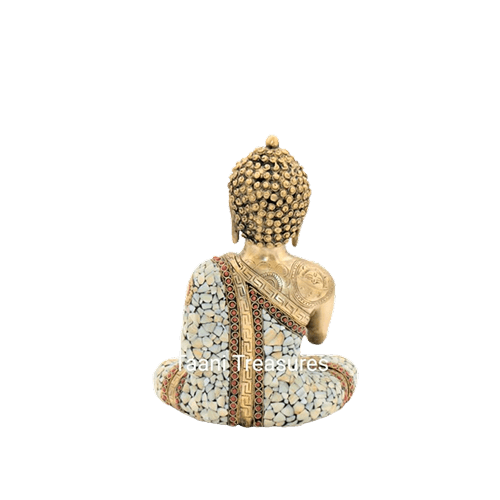 Brass Buddha Statue | 12 Inches | Buddha with Stonework in Red and White