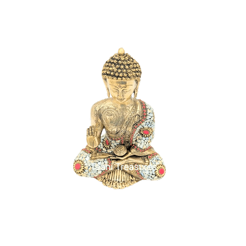 Brass Buddha Statue | 12 Inches | Buddha with Stonework in Red and White