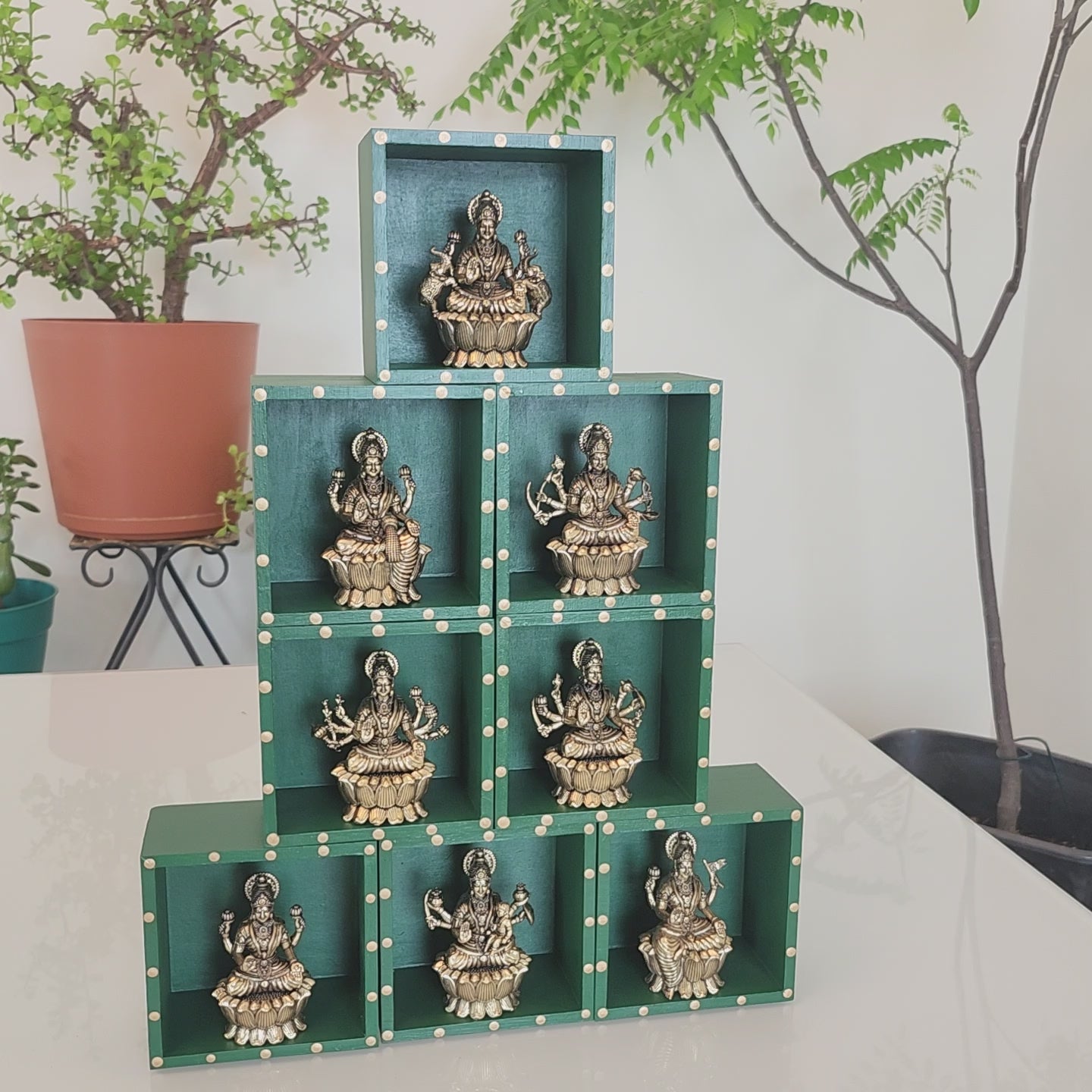 Ashtalakshmi Brass Idol Set | Lakshmi Murti with Handpainted Wooden Stands | Diwali Decor | Navratri Golu | Hindu Temple Decor