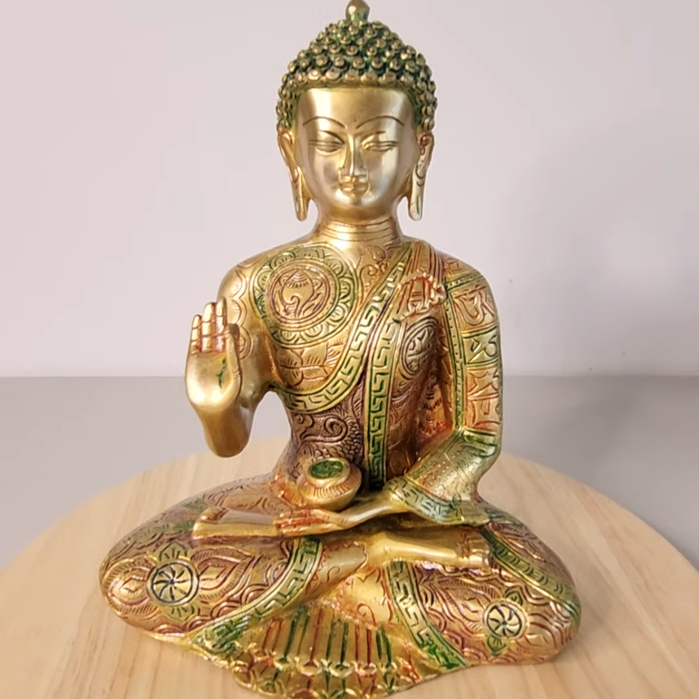 Brass Buddha Statue | 12 Inches | Buddha with Tri color | Serene Meditation Decor